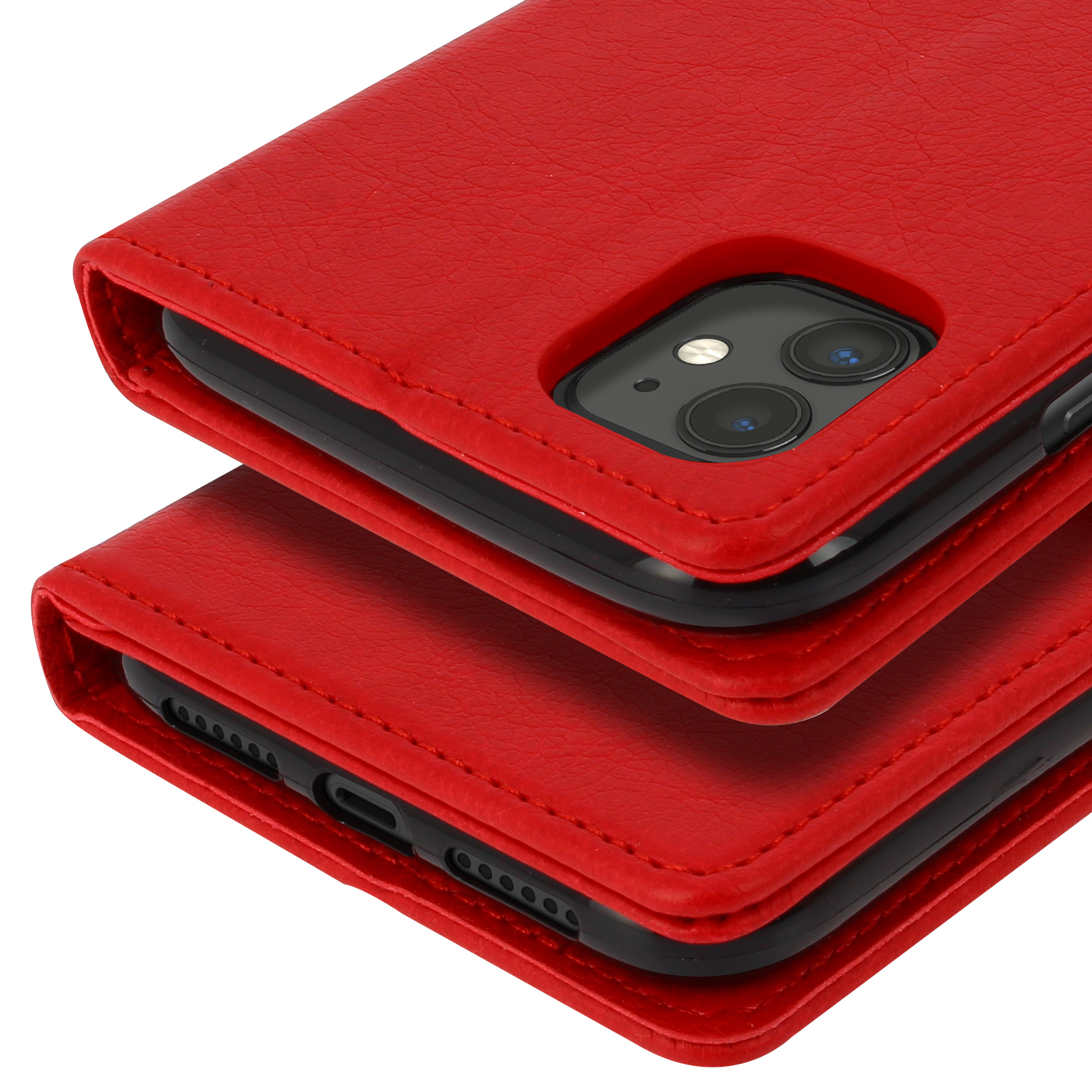 Twee rode telefoonhoesjes op elkaar, met cameramodule en oplaadpoort.
