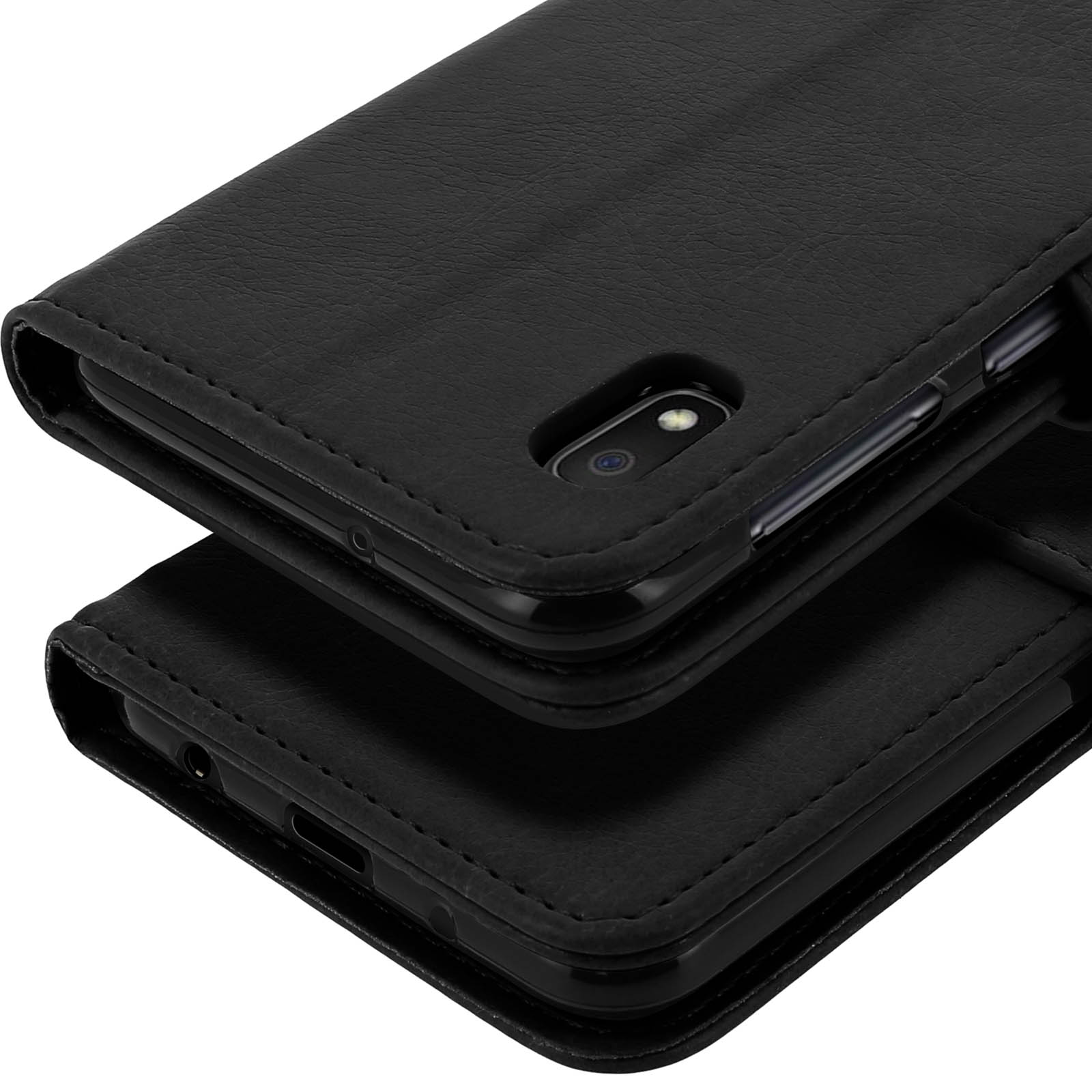 Étui de téléphone en cuir noir avec découpe caméra et coutures.