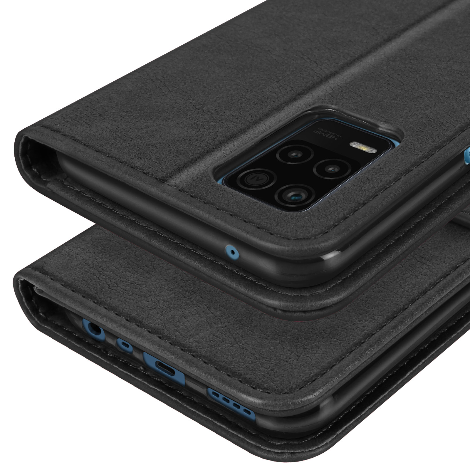 Téléphone portable noir avec quatre caméras dans un étui.