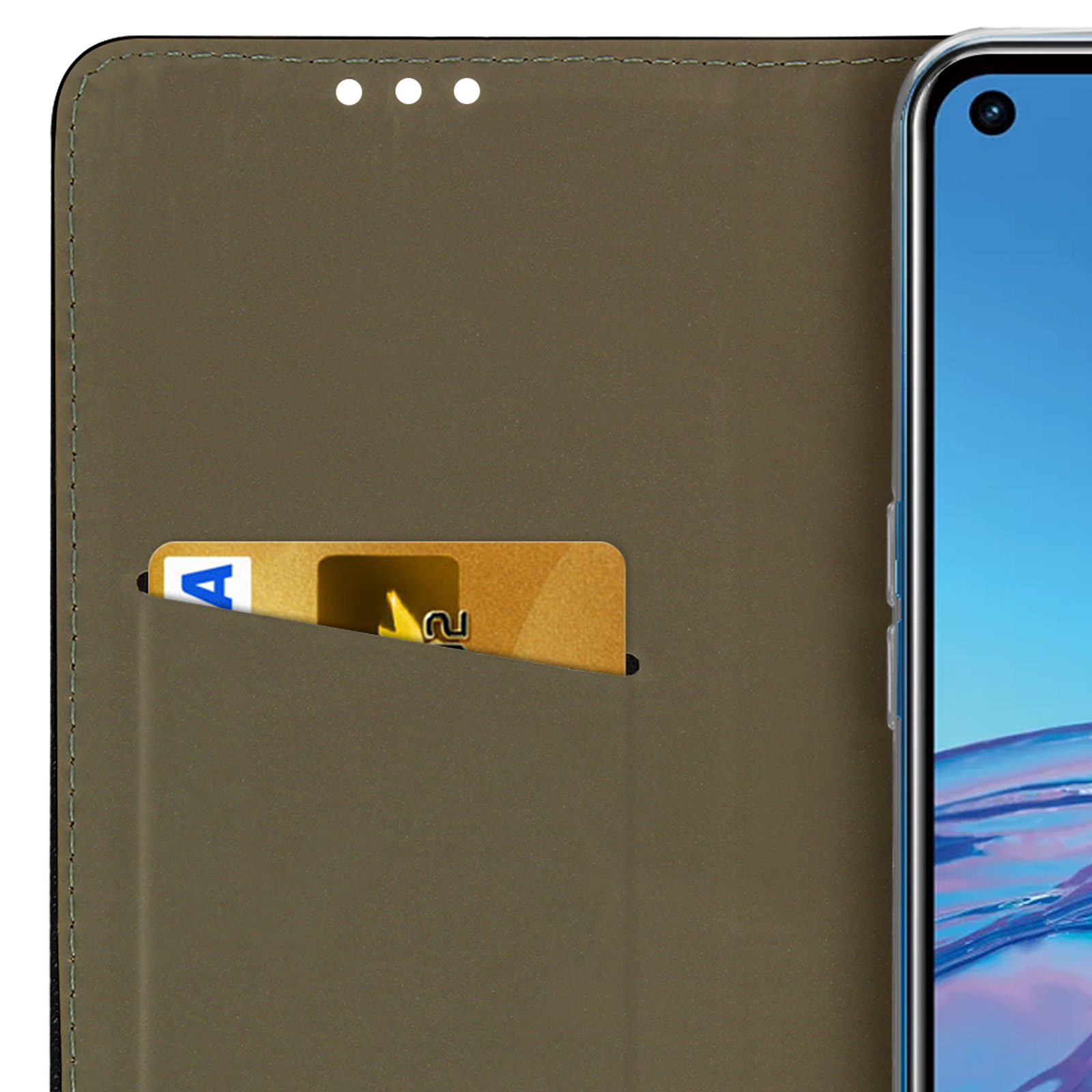 Custodia per telefono marrone con slot per carte e smartphone.