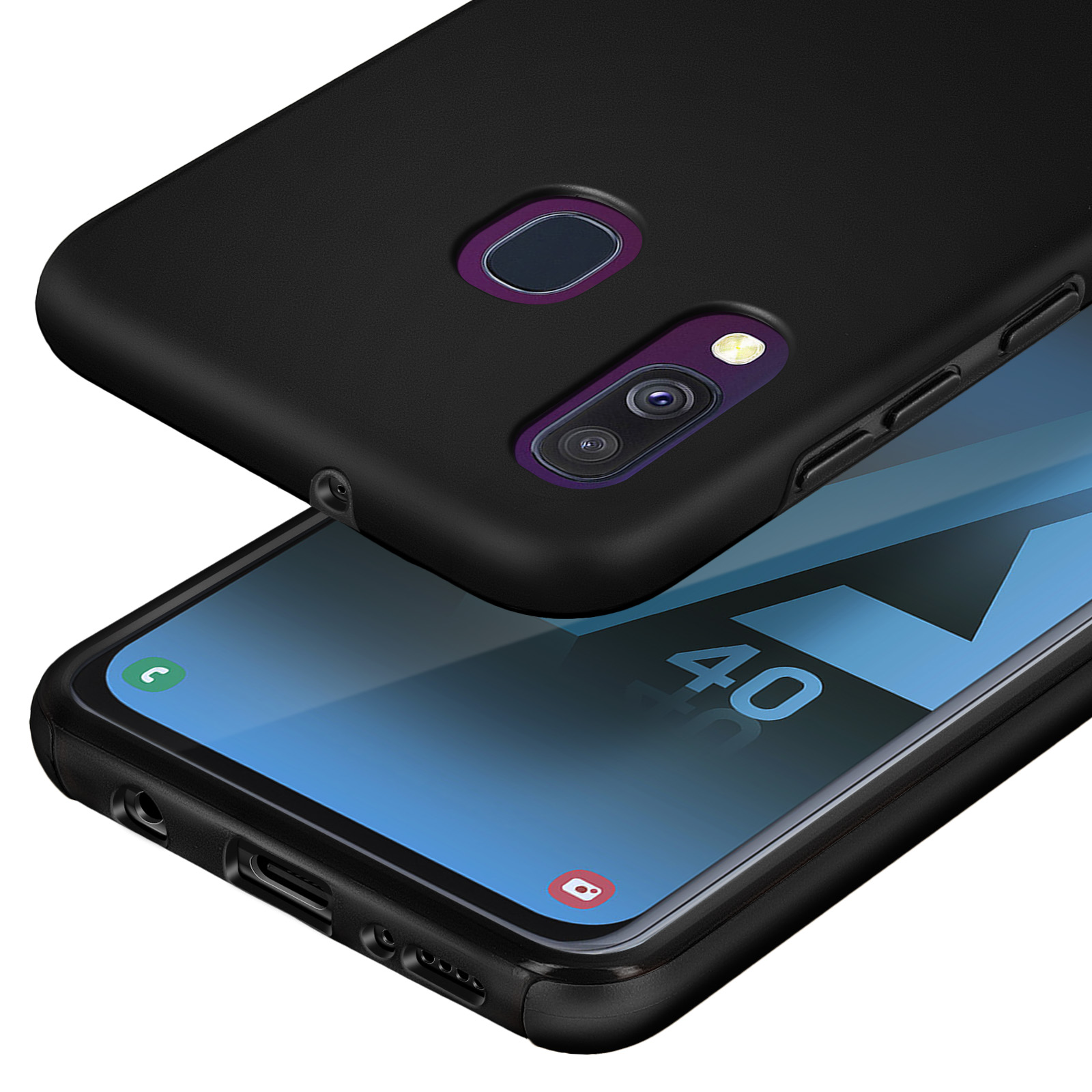 Coque de téléphone noire avec découpe caméra sur un téléphone à écran bleu.