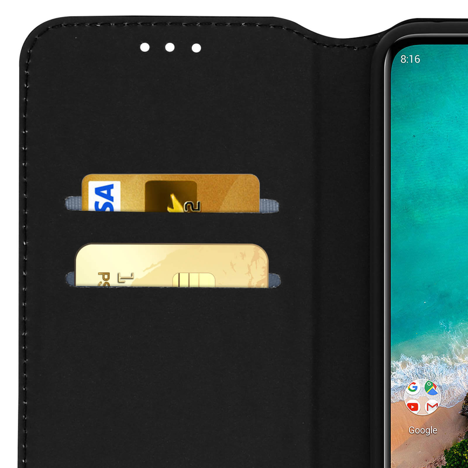 Custodia nera per telefono con slot per carte e schermo smartphone.