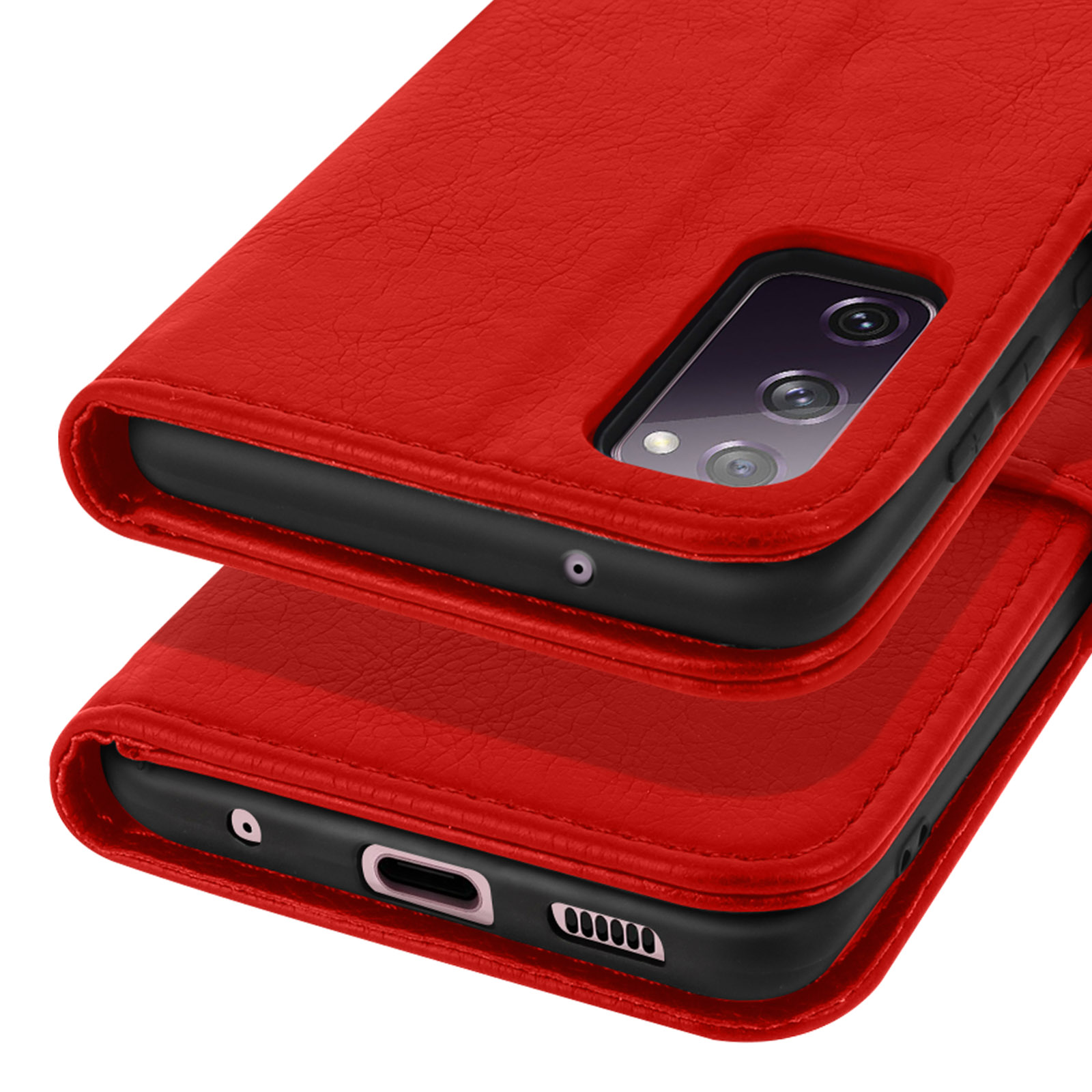 Rode leren flip telefoonhoes met camera- en poortdetails.