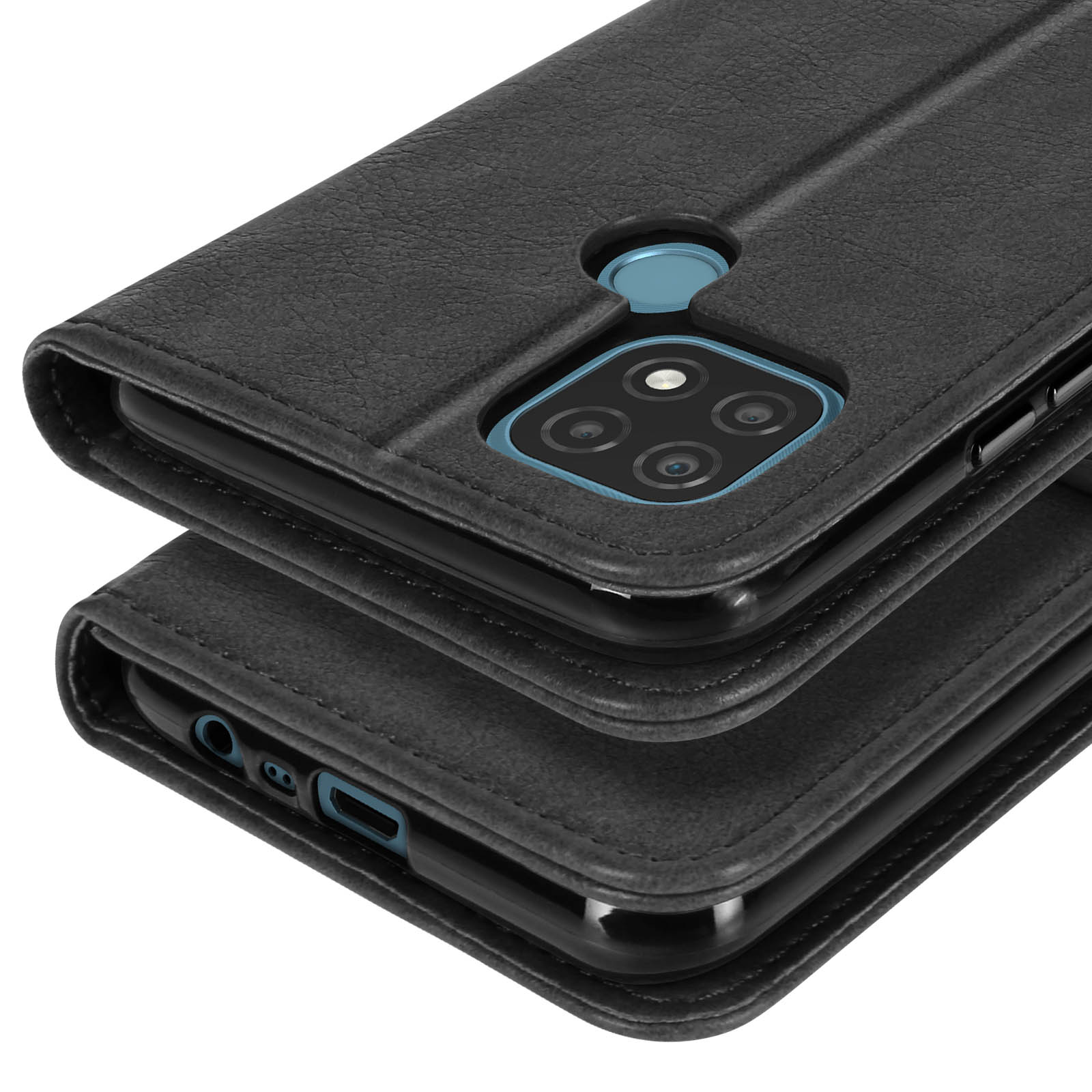 Custodia a libro in pelle nera per smartphone con quattro fotocamere.