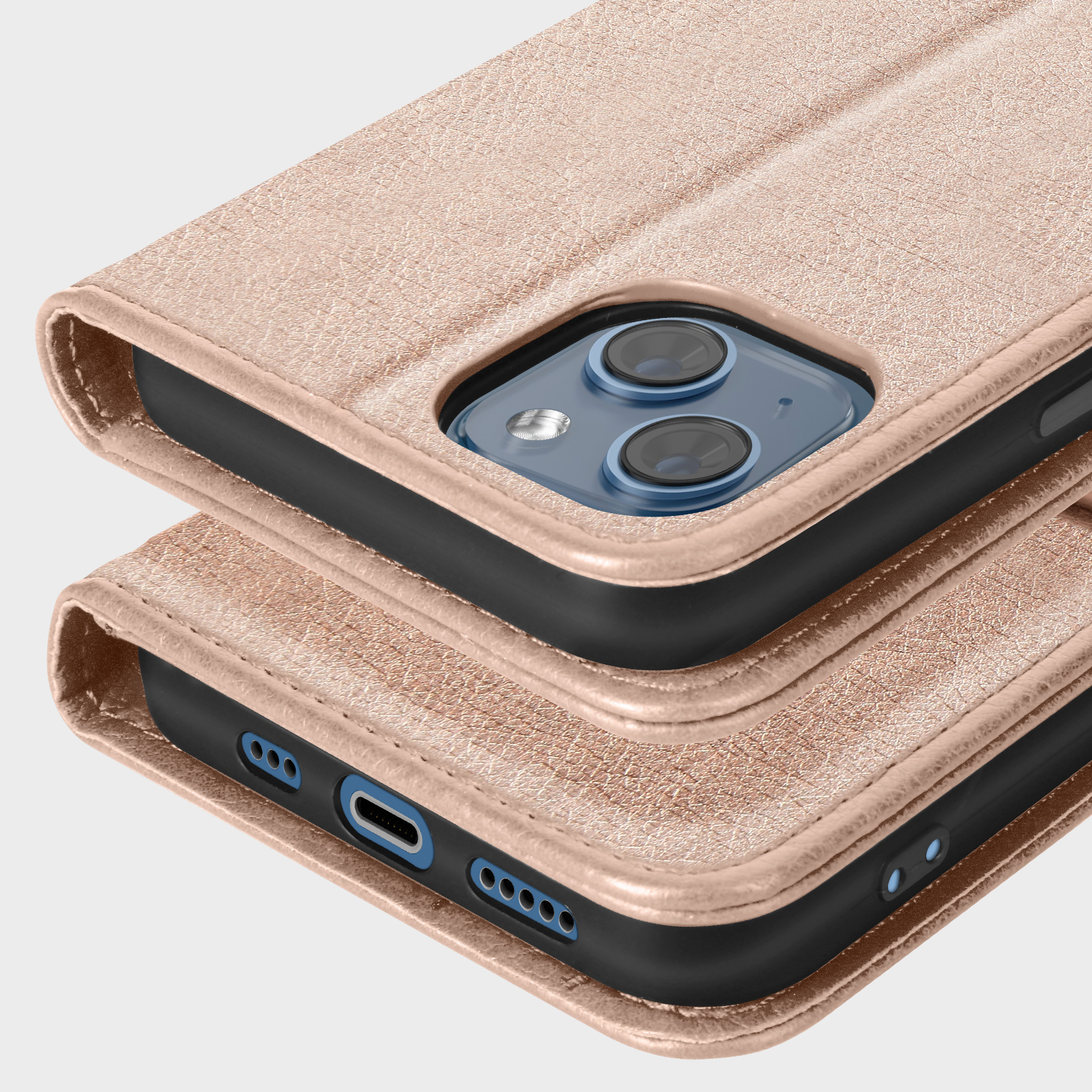 Una cover per telefono oro rosa che mostra il blocco fotocamera e la porta di ricarica.