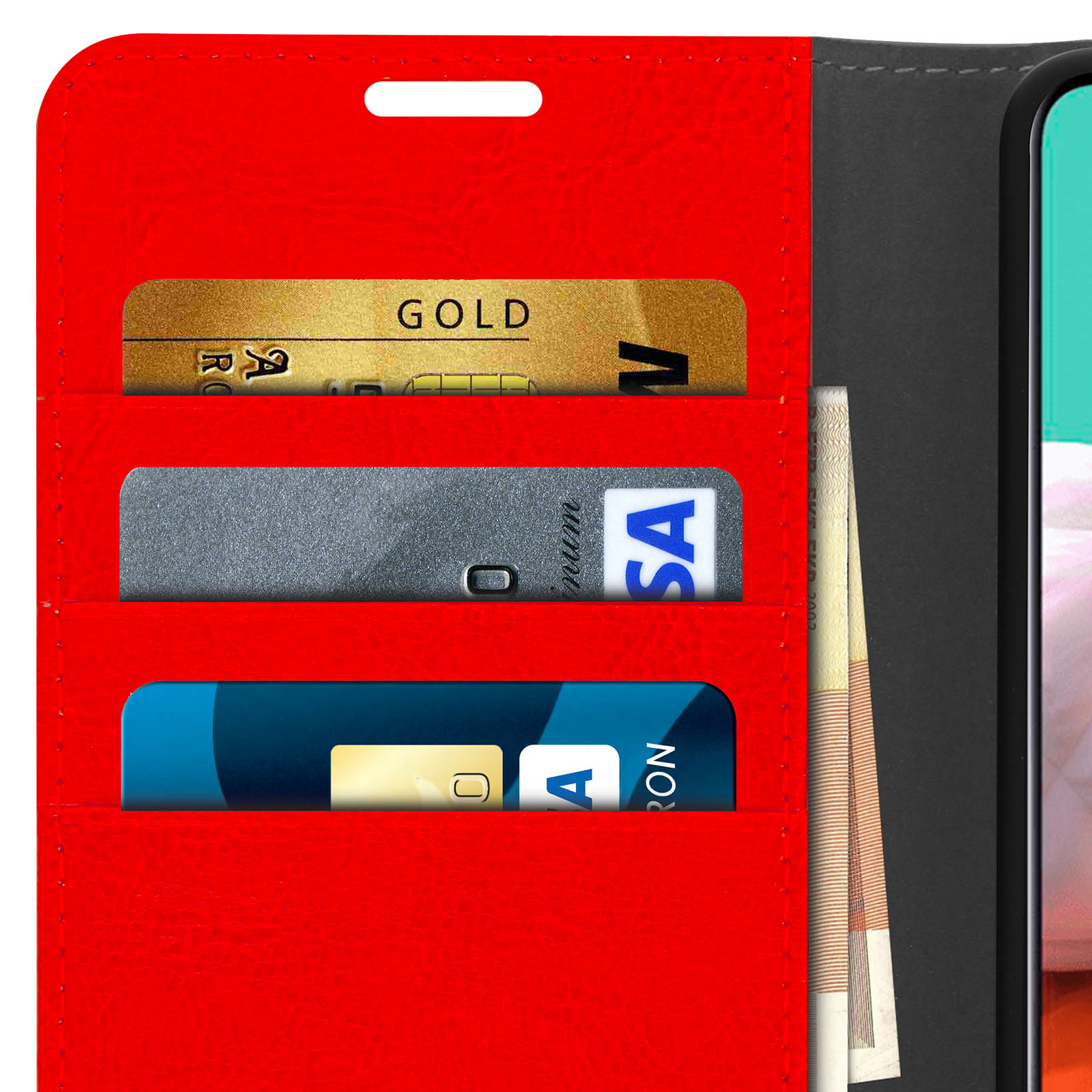 Un portafoglio rosso con slot per carte, una carta d'oro, una carta Visa e banconote.
