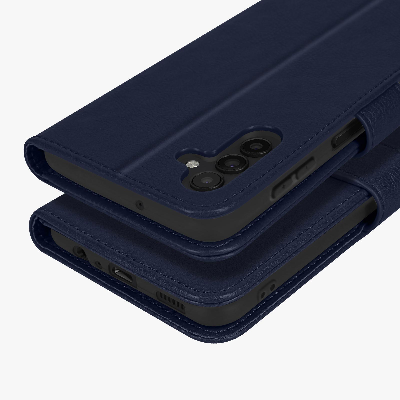 Étui de téléphone bleu marine ouvert, montrant la caméra et le port de charge.