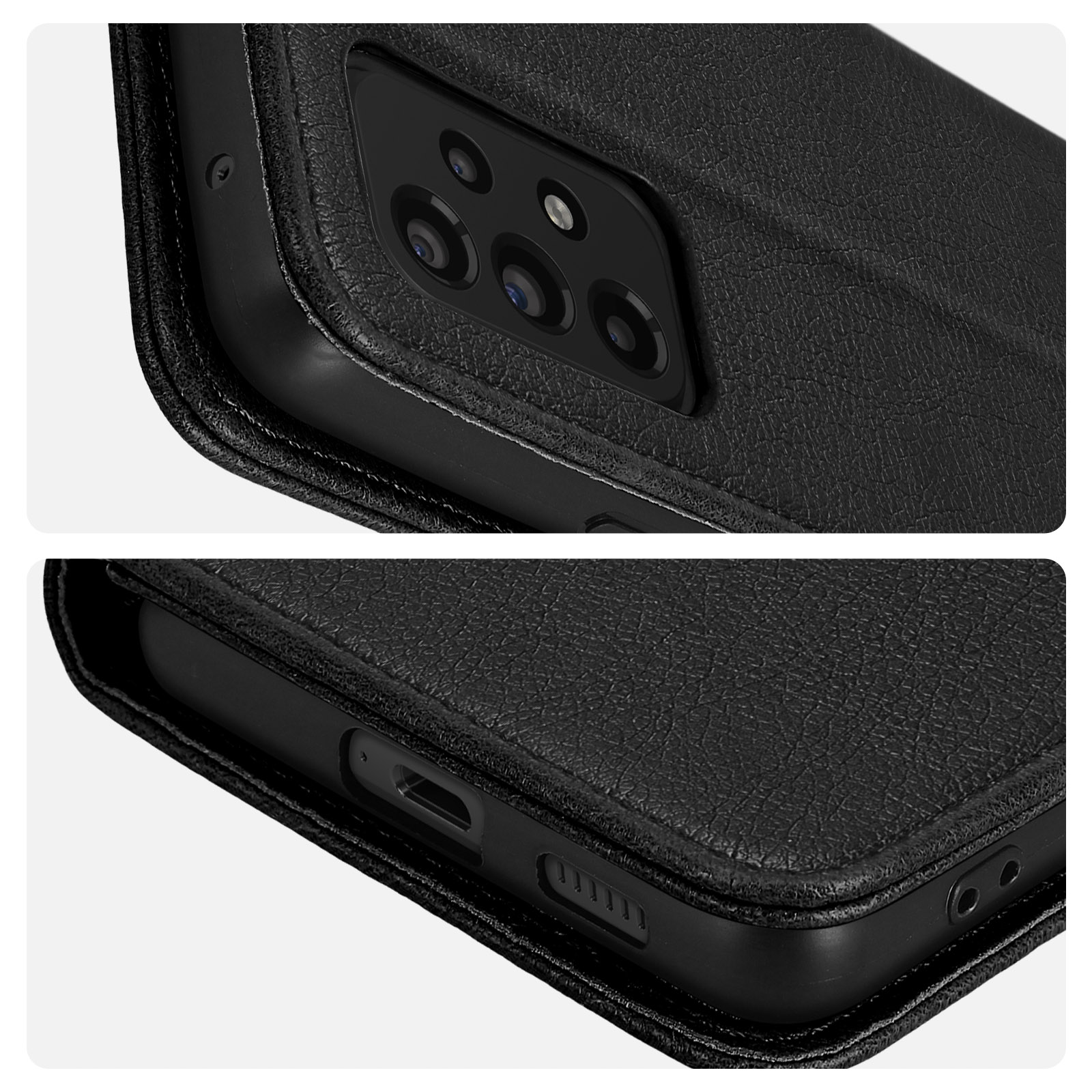 Étui de téléphone en cuir noir montrant le bloc caméra et les ports latéraux.