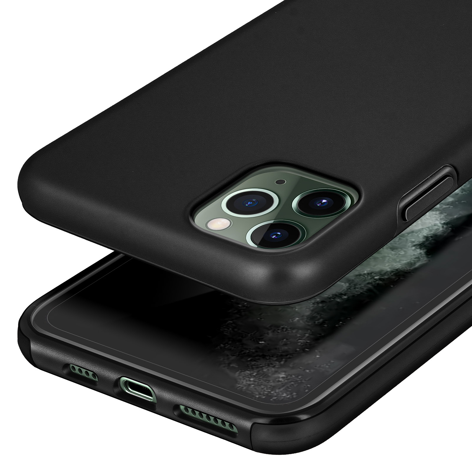 Coque de téléphone noire avec découpe triple caméra sur un téléphone.