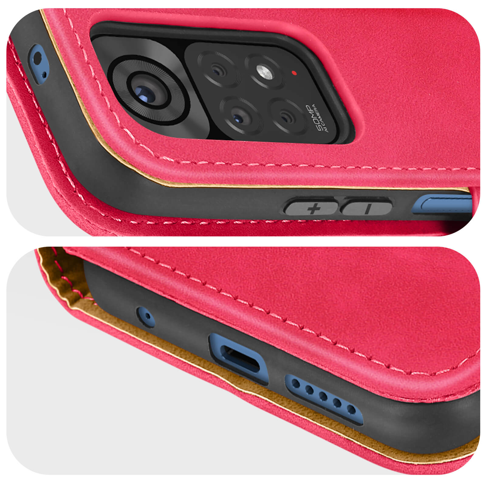 Rode telefoonhoes met camera, knoppen en oplaadpoort.