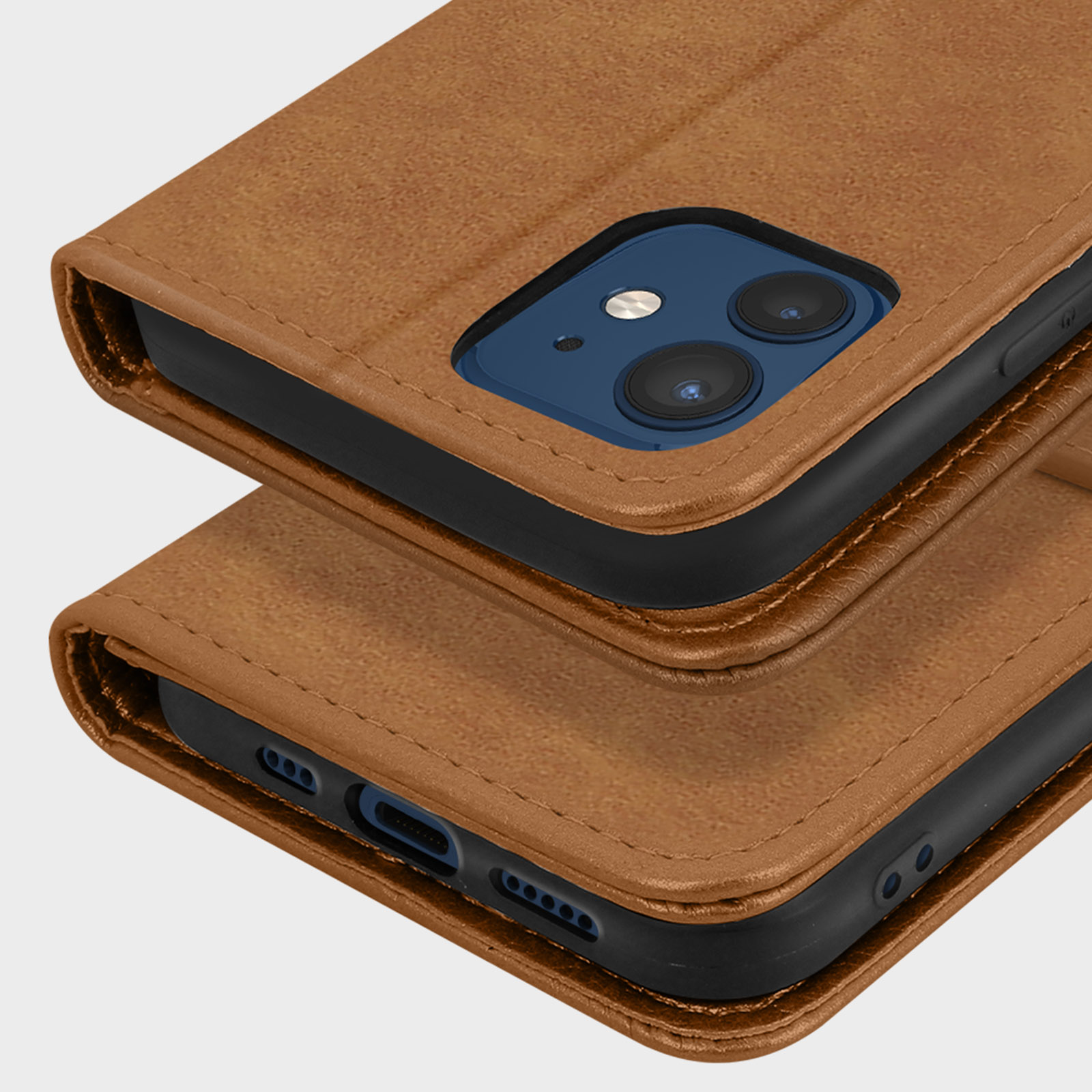 Deux étuis de téléphone en cuir marron montrant caméras et ports de charge.