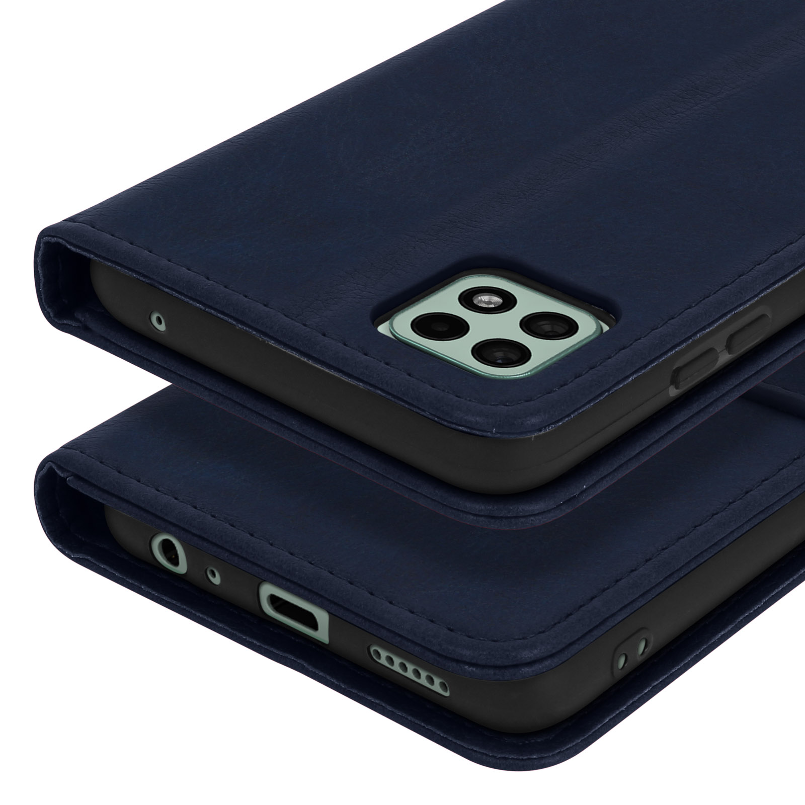 Donkerblauwe telefoonhoes met stiksels, toont camera en poorten.