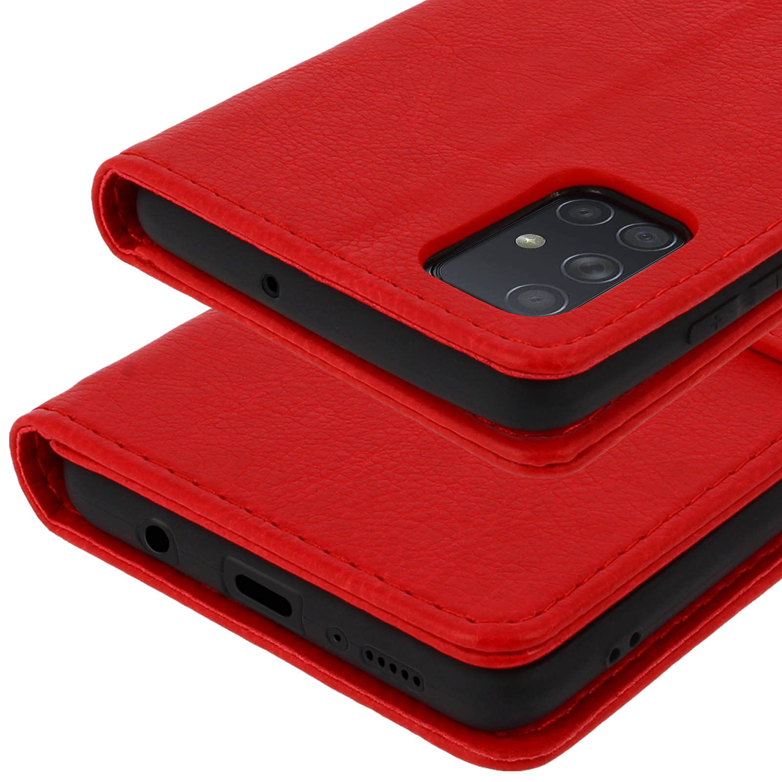 Deux étuis de téléphone rouges montrant le module caméra et les ports.