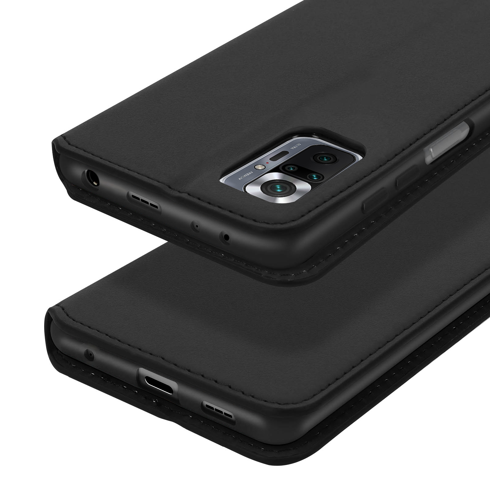 Custodia per telefono in pelle nera con cuciture, mostra fotocamera e porte.