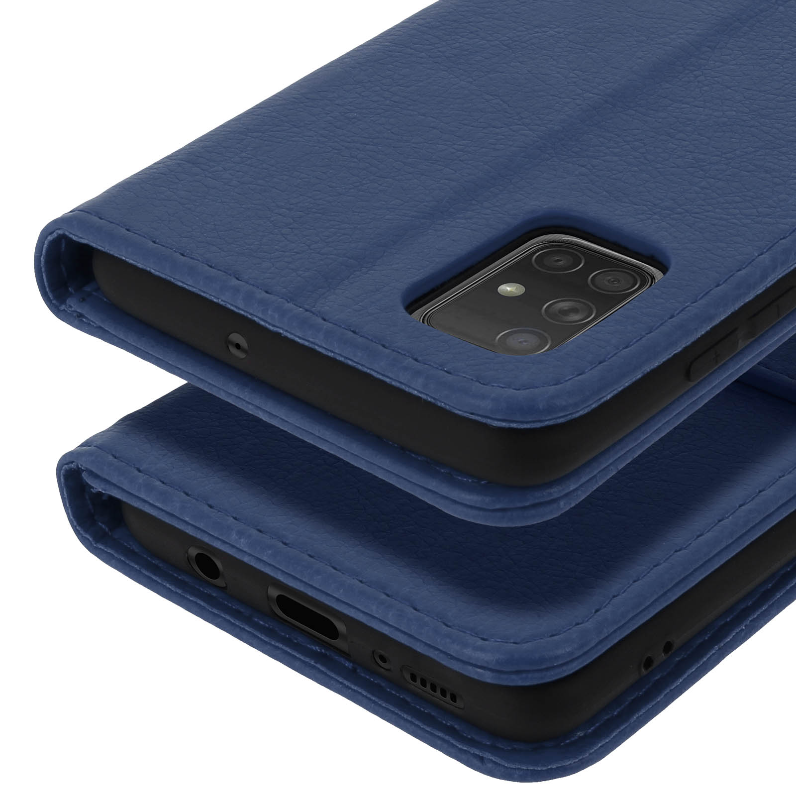 Drie blauwe telefoonhoesjes met gedetailleerde camera's en poorten.