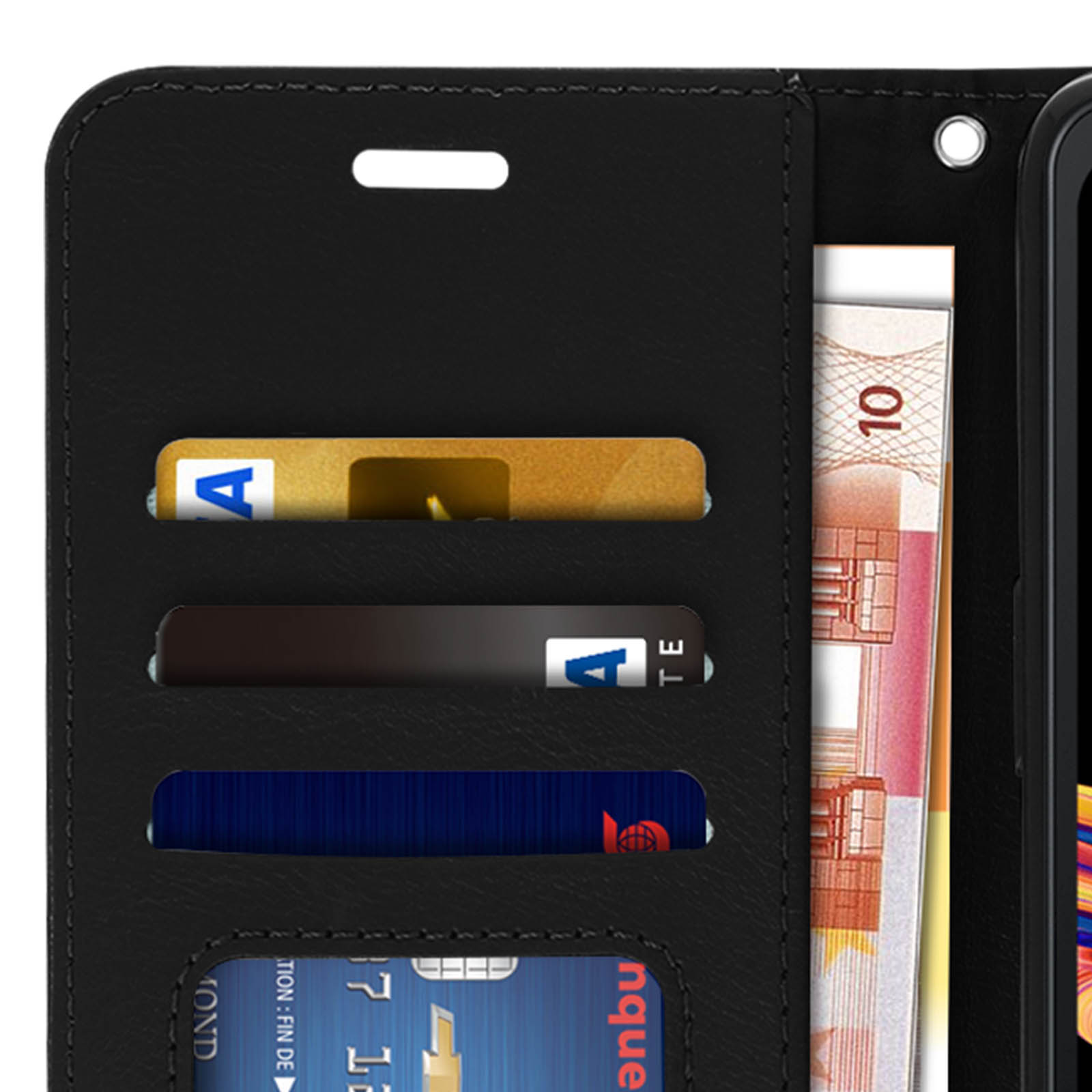 Portafoglio nero con slot per carte, banconote e una banconota da 10 euro.