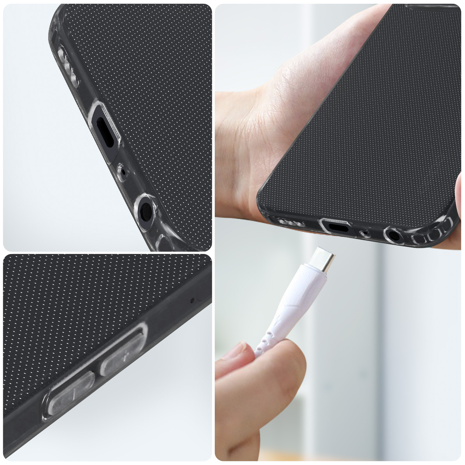 Una persona inserisce un cavo USB-C in una custodia nera per telefono con motivo a pois.