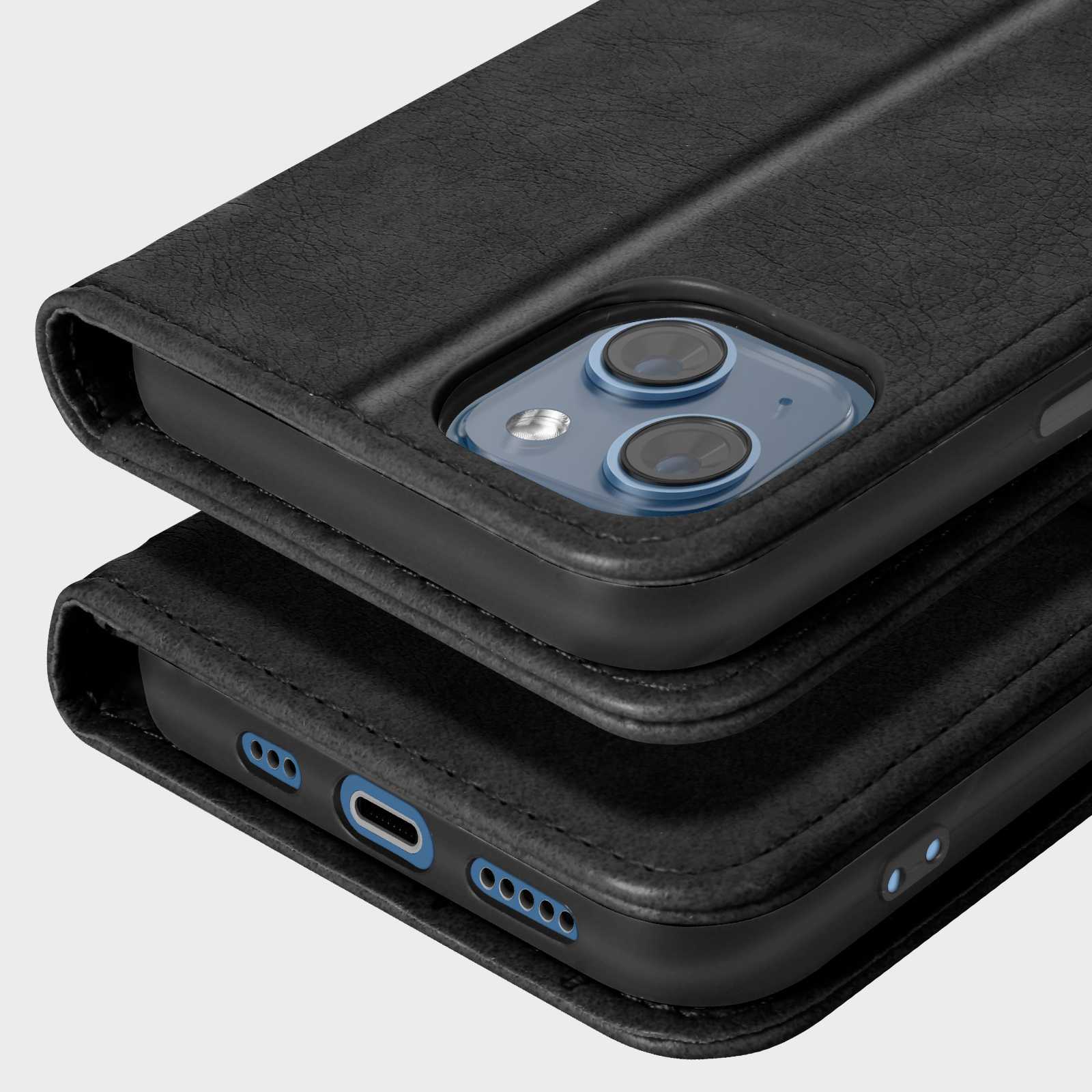 Étui de téléphone noir avec deux caméras et port de charge.