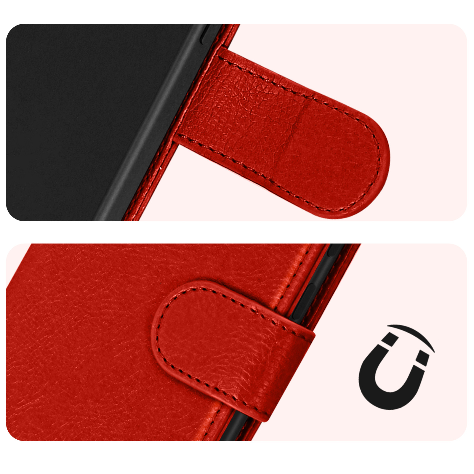 Rood leren flip hoesje voor smartphone met magneetsluiting.