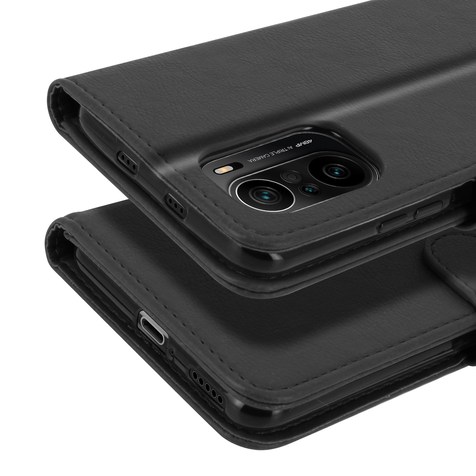Zwarte leren flip telefoonhoes met camera-uitsparing en knoppen.