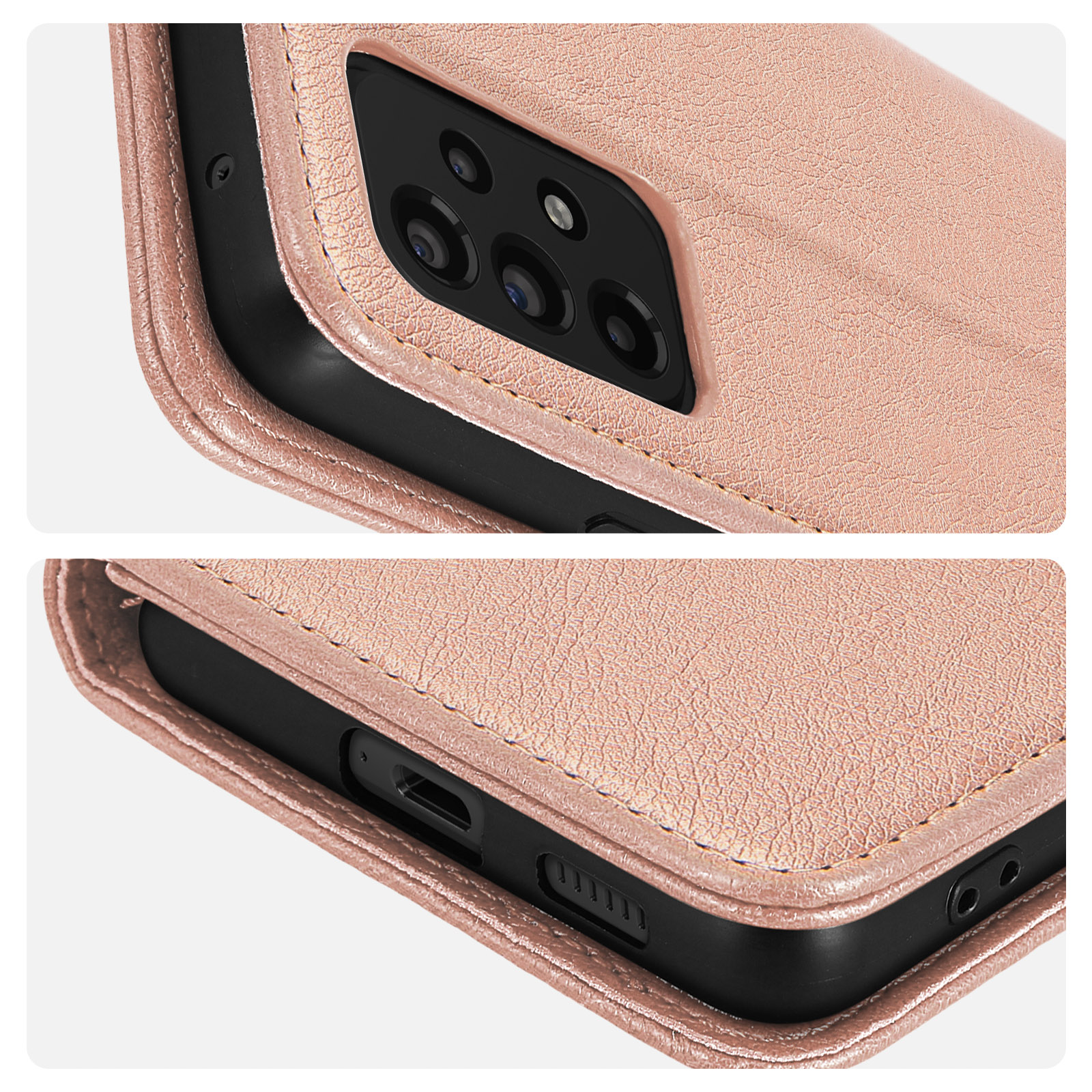 Roségouden telefoonhoes met camera en oplaadpoort detail.