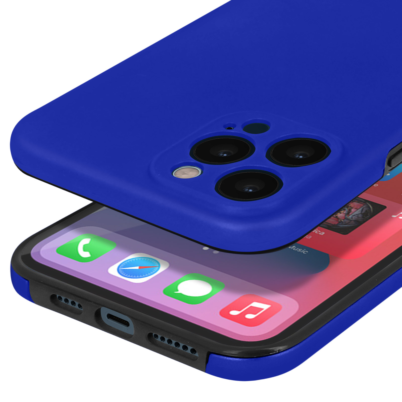 Een blauwe telefoonhoes bedekt de achterkant van een iPhone met drie camera's.