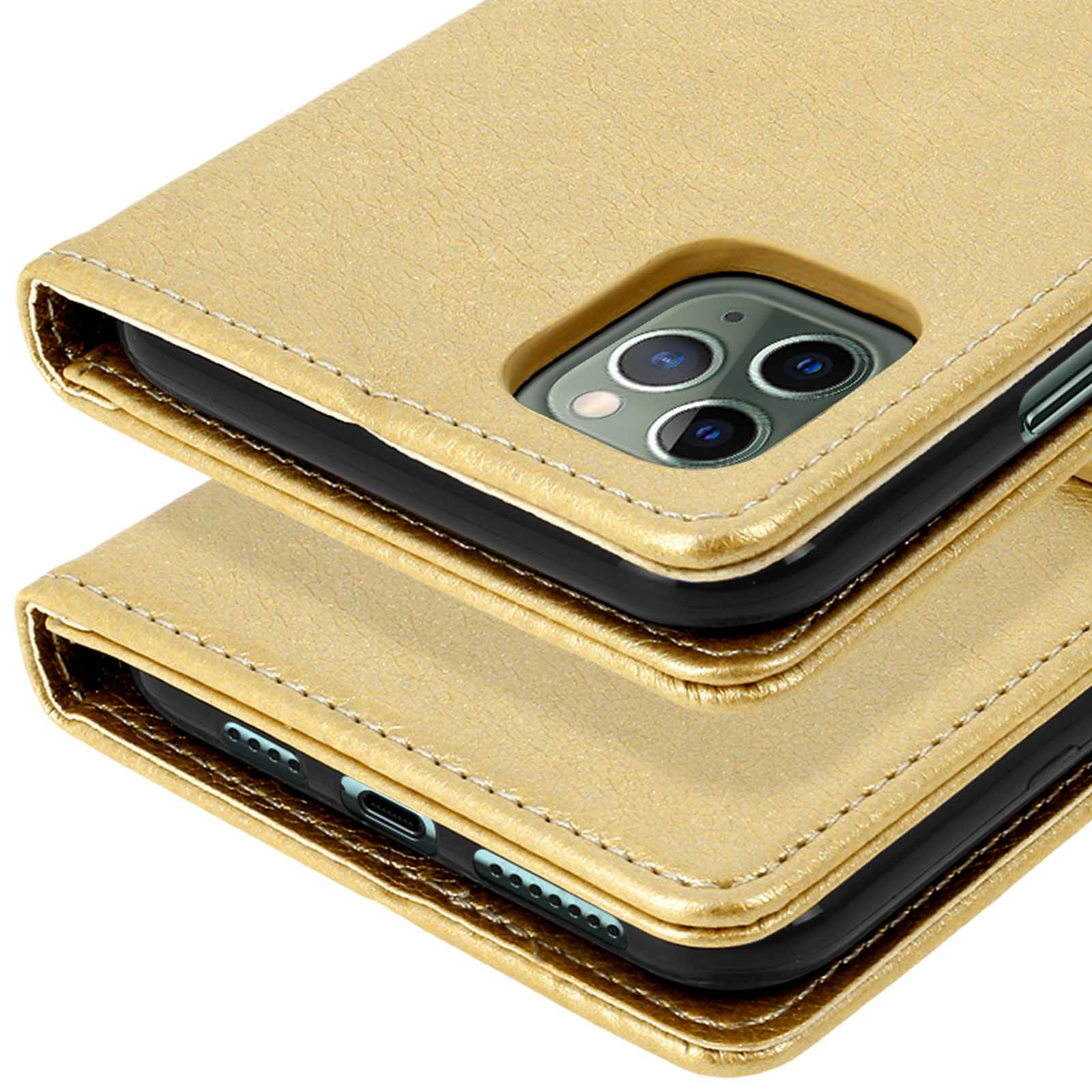 Étui doré pour téléphone avec découpe caméra et surpiqûres.