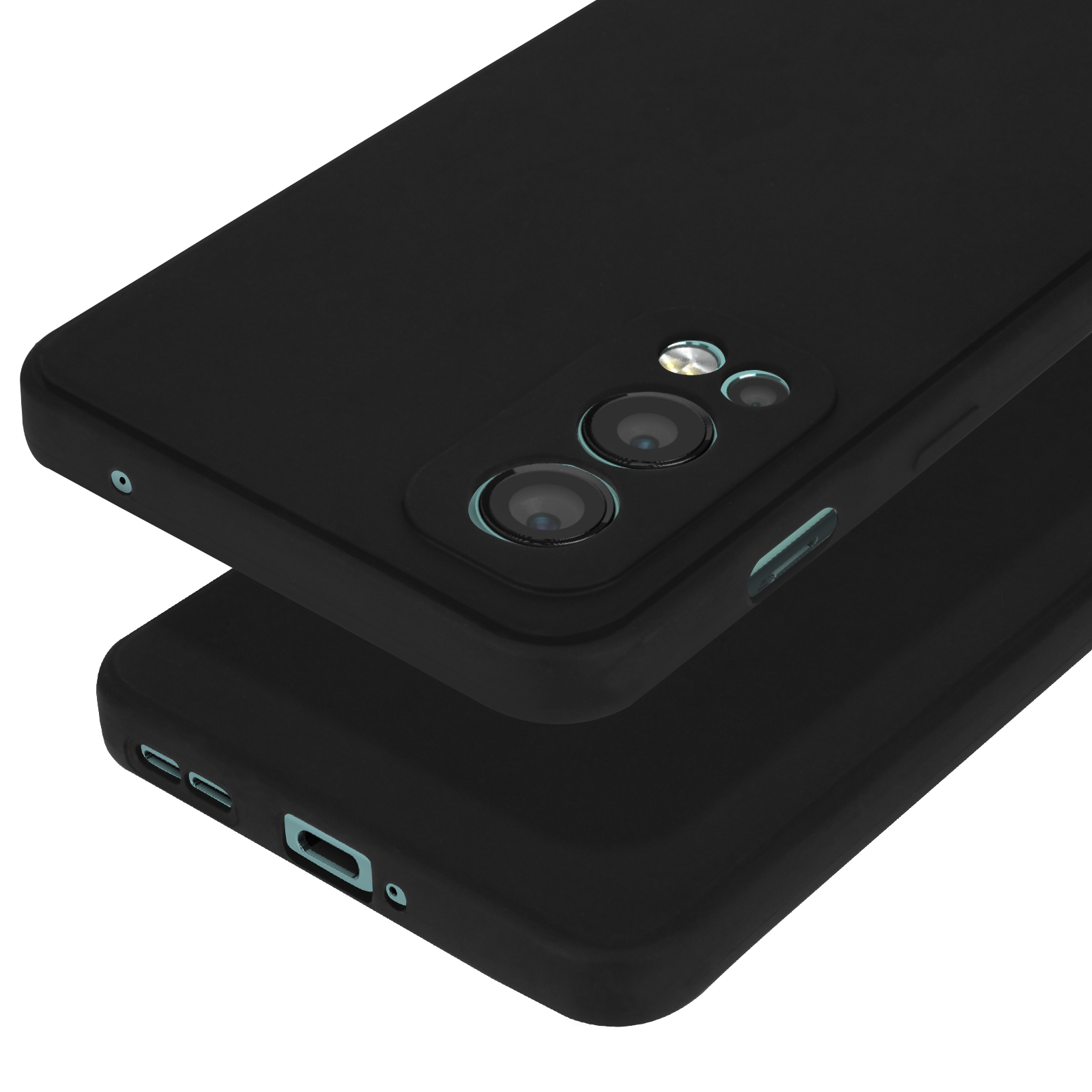 Due custodie nere per telefono con moduli fotocamera e porte di ricarica.