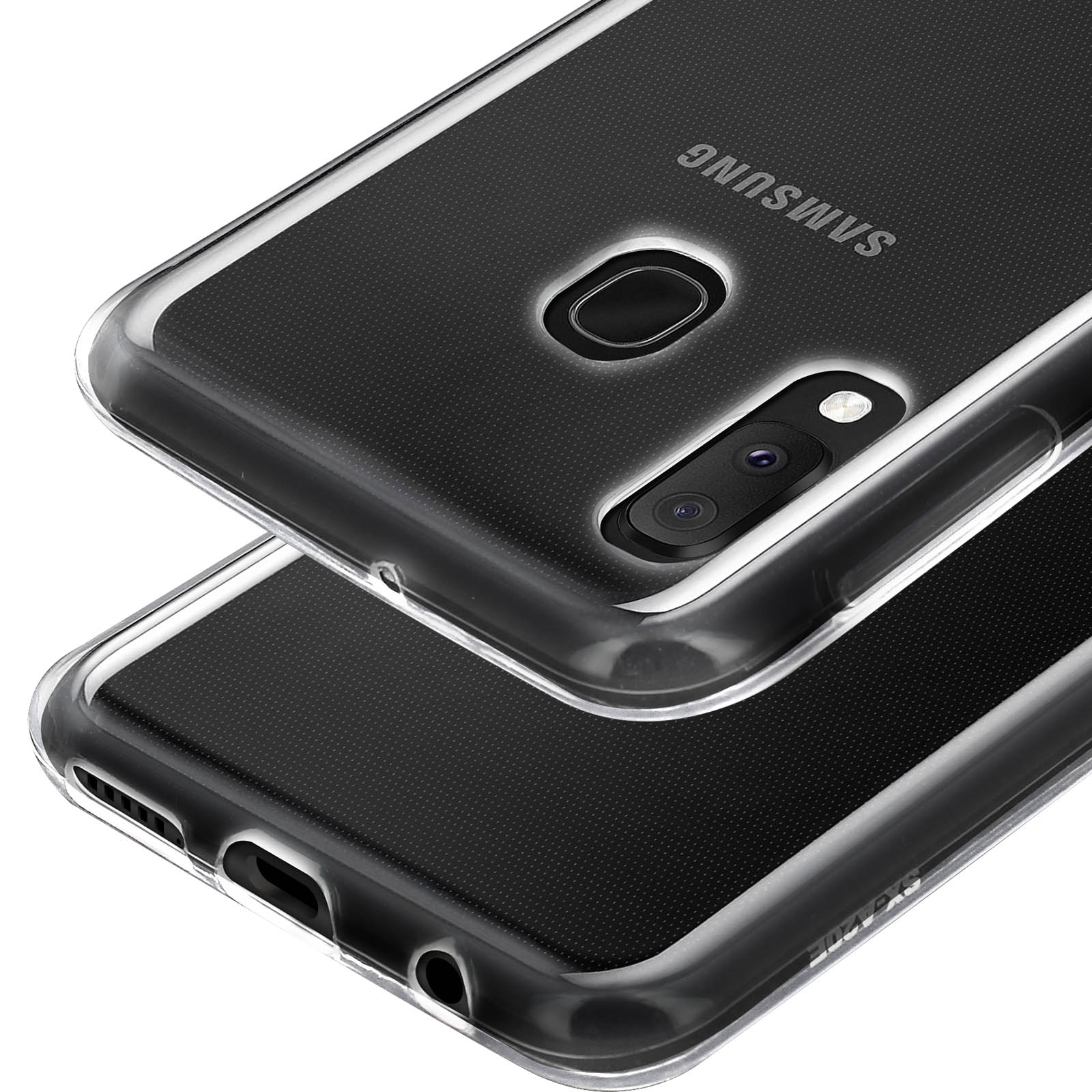 Custodia trasparente per telefono con motivo nero e alloggiamento fotocamera.