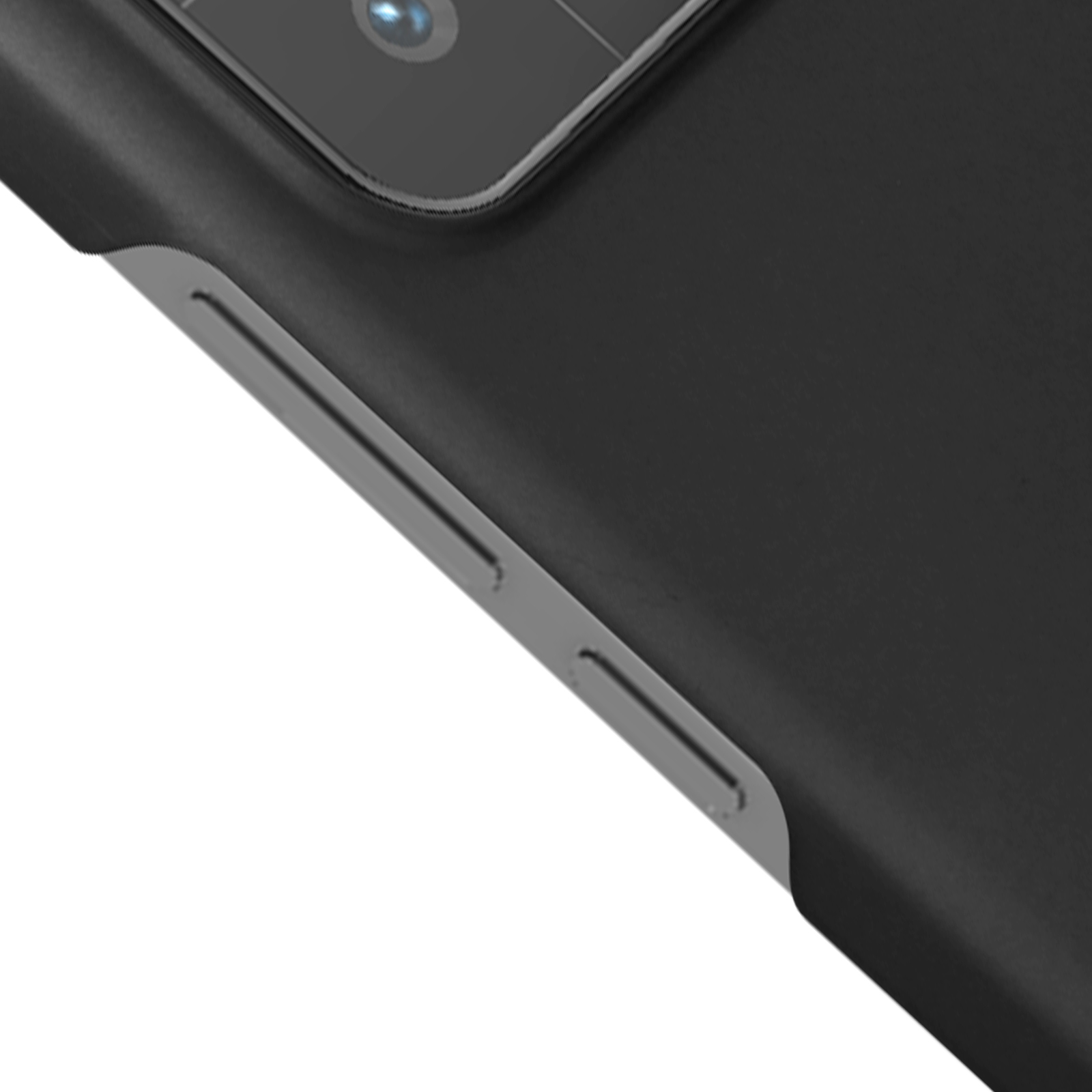 Close-up van een zwarte telefoonhoes met camera en grijze accenten.