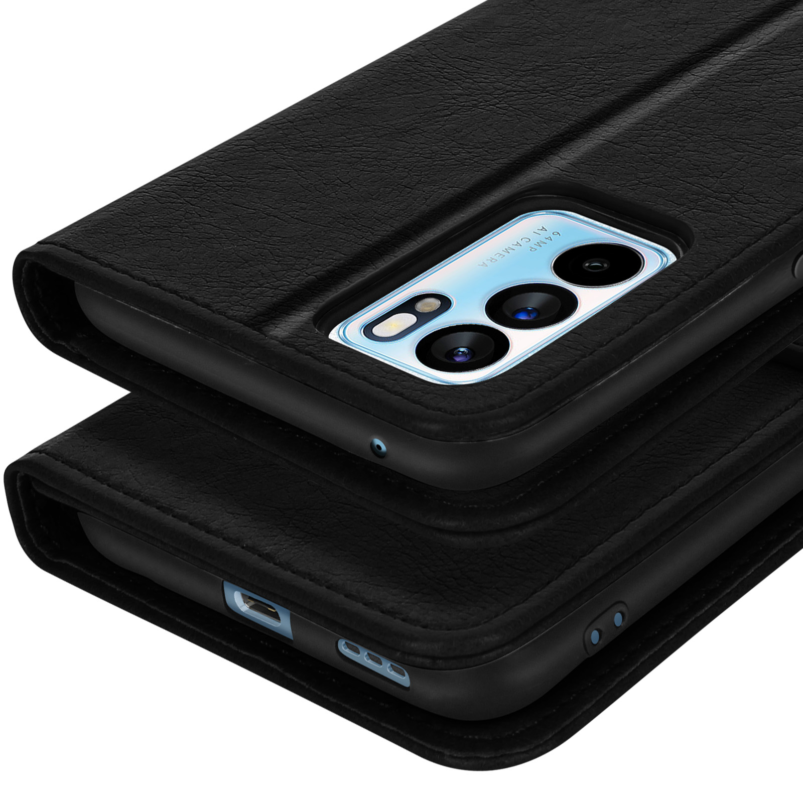 Zwarte leren flip case voor smartphone, met zichtbare cameralenzen en poorten.