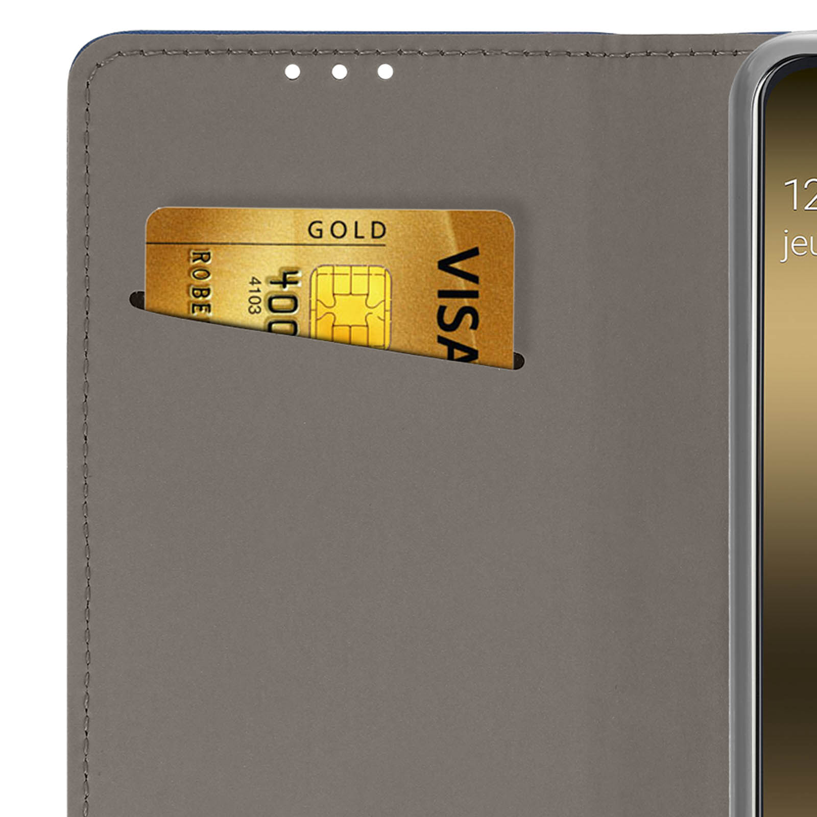 Étui gris avec carte de crédit dorée montrant le logo VISA et puce.