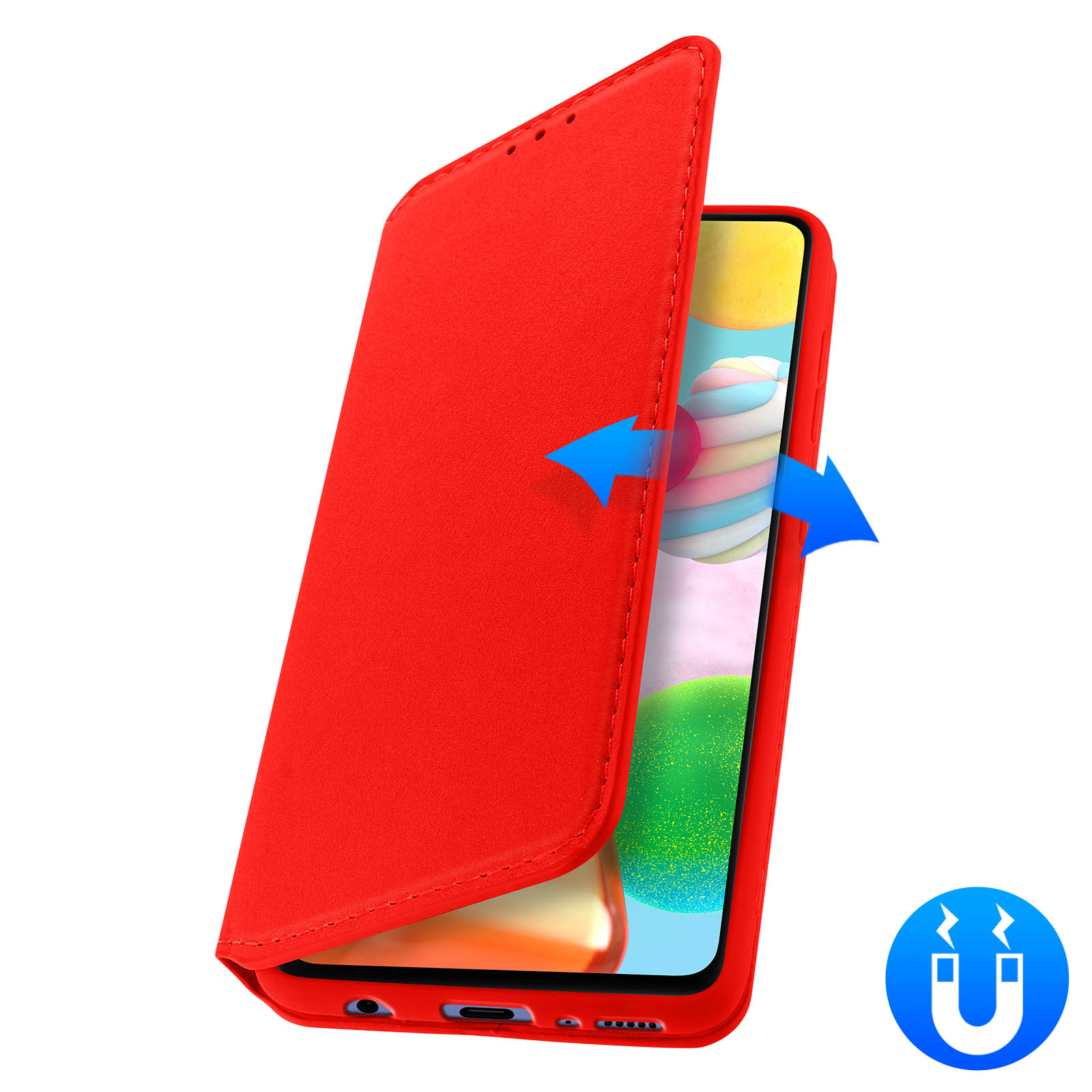 Rotes Handy-Flip-Case mit Magnetverschluss, das ein Smartphone schützt.