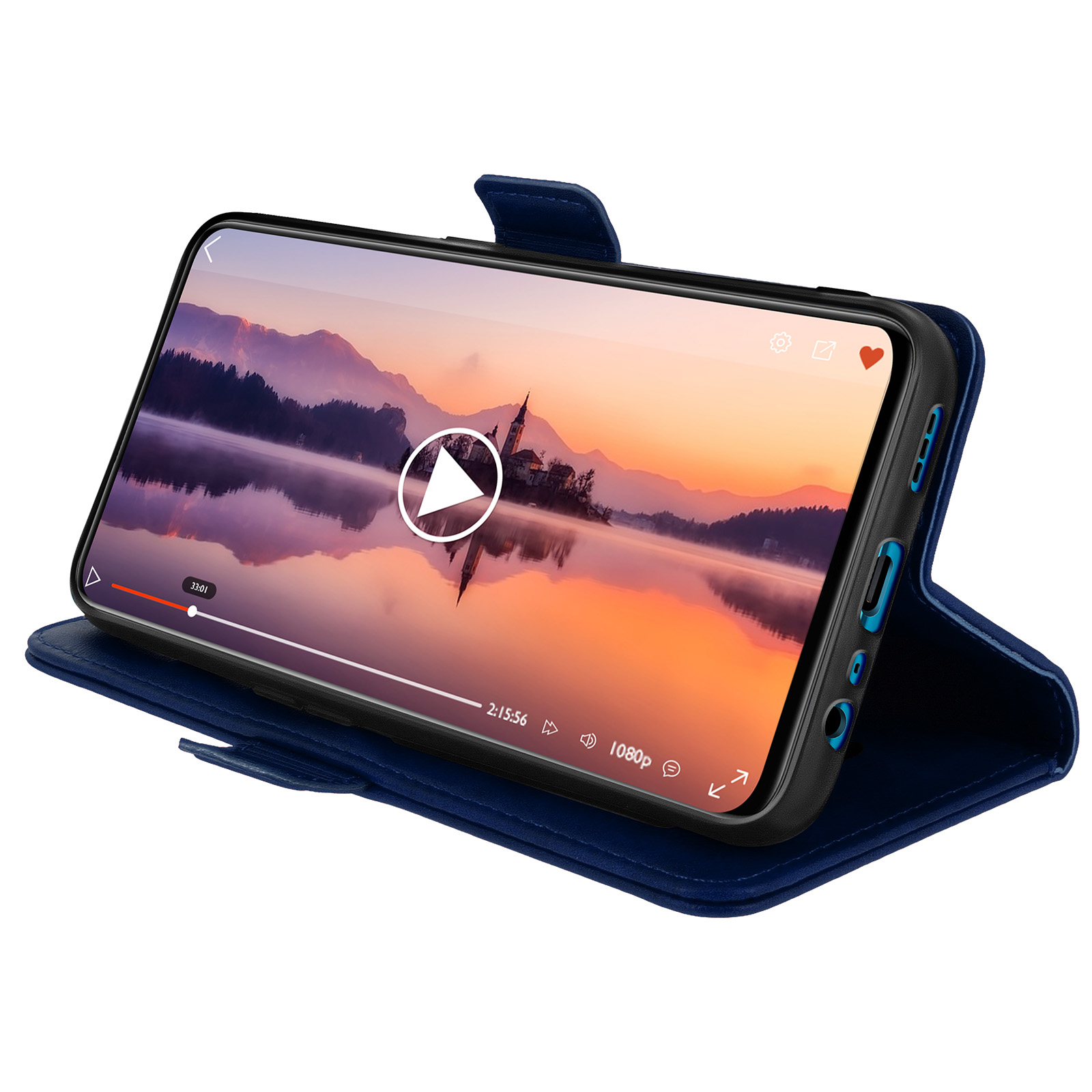 Un téléphone bleu dans un étui affiche une vidéo d'un château au coucher du soleil.