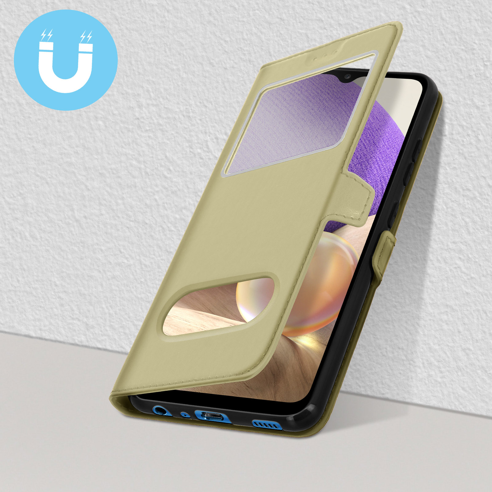Un étui de téléphone beige avec fenêtre et fermeture magnétique sur fond blanc.