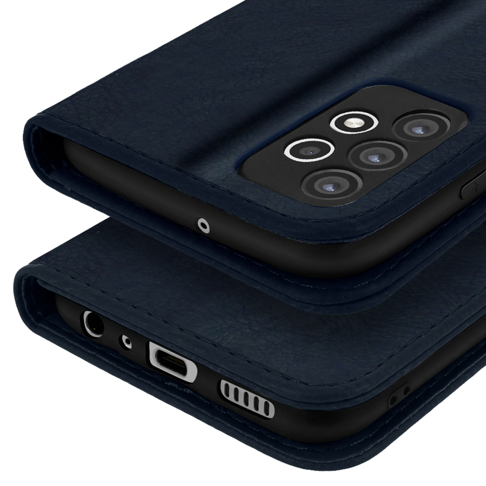 Donkerblauwe lederen telefoonhoes met cameramodule en poorten.