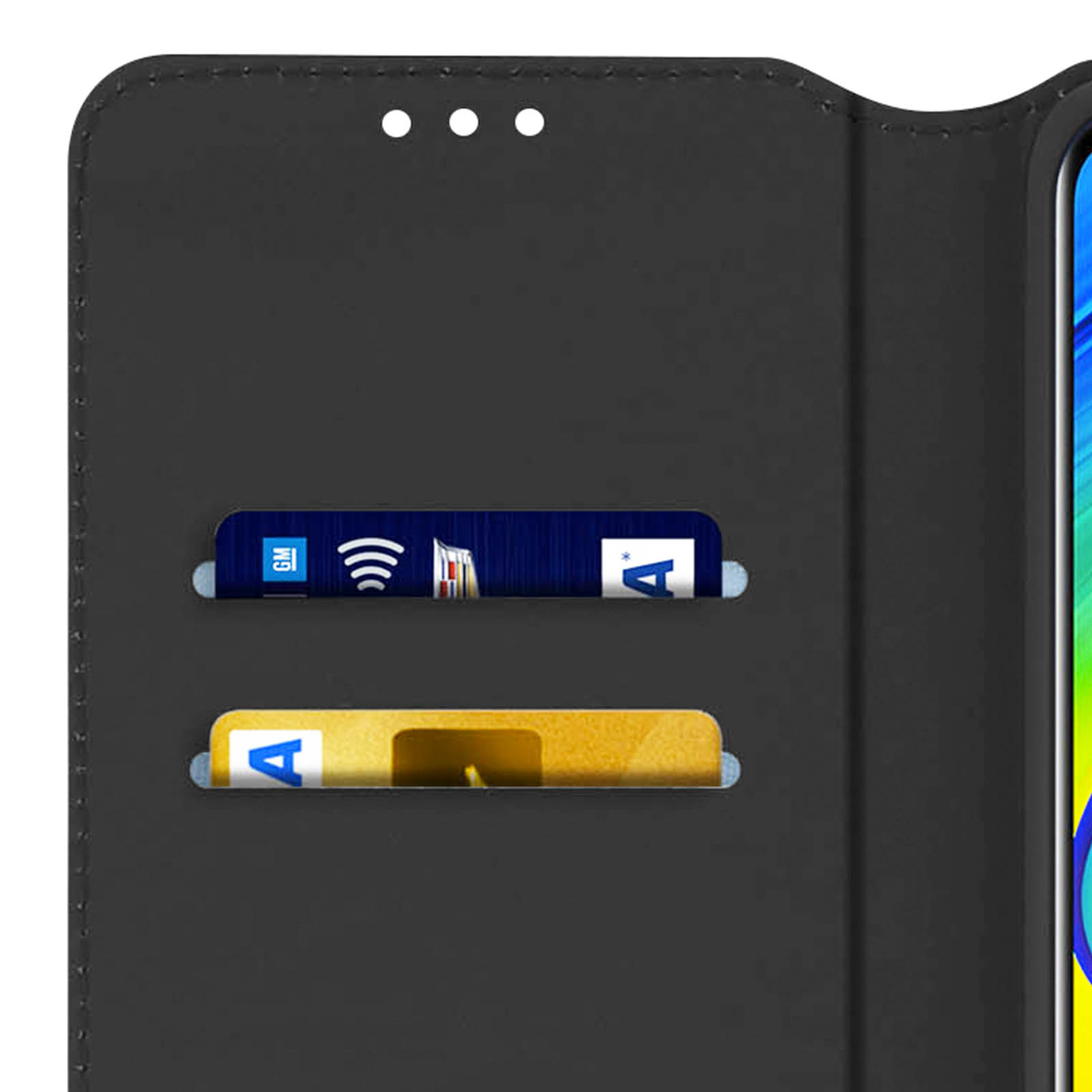 Zwarte flip telefoonhoes met twee kaartsleuven, één blauw en één geel.