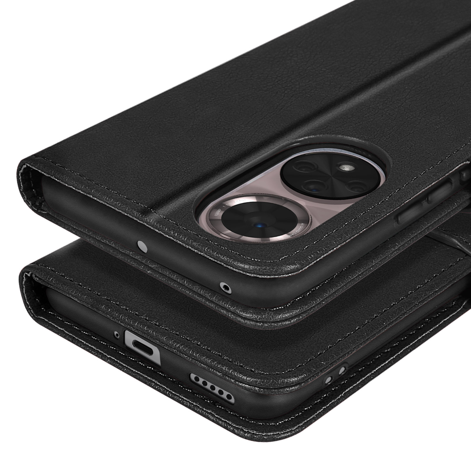 Étui de téléphone en cuir noir avec découpe caméra et coutures.