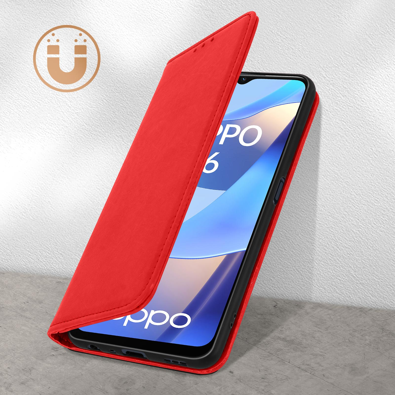 Rode flip telefoonhoes met magnetische sluiting en OPPO-logo op scherm.