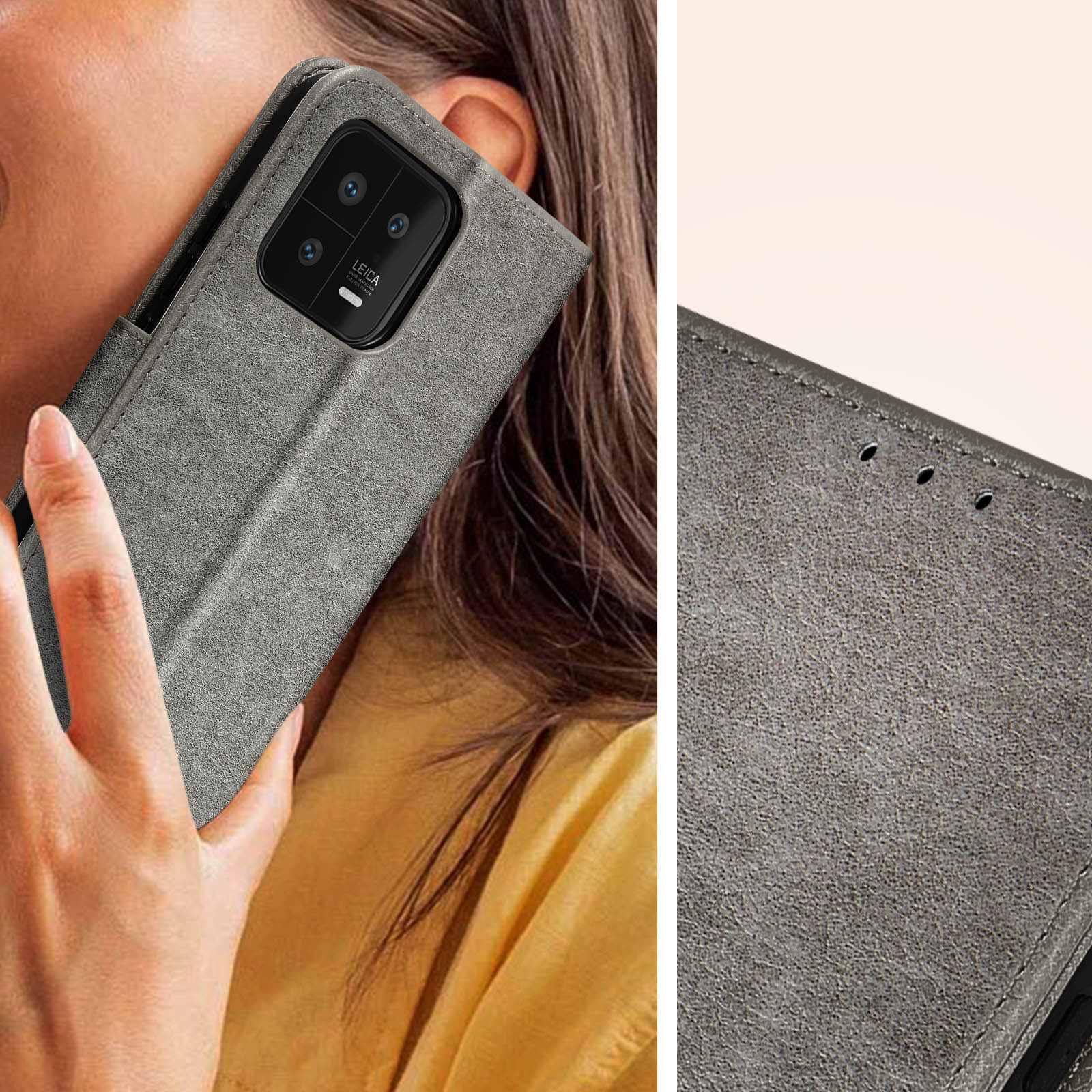 Étui de téléphone gris avec trois objectifs et logo Leica. Gros plan.