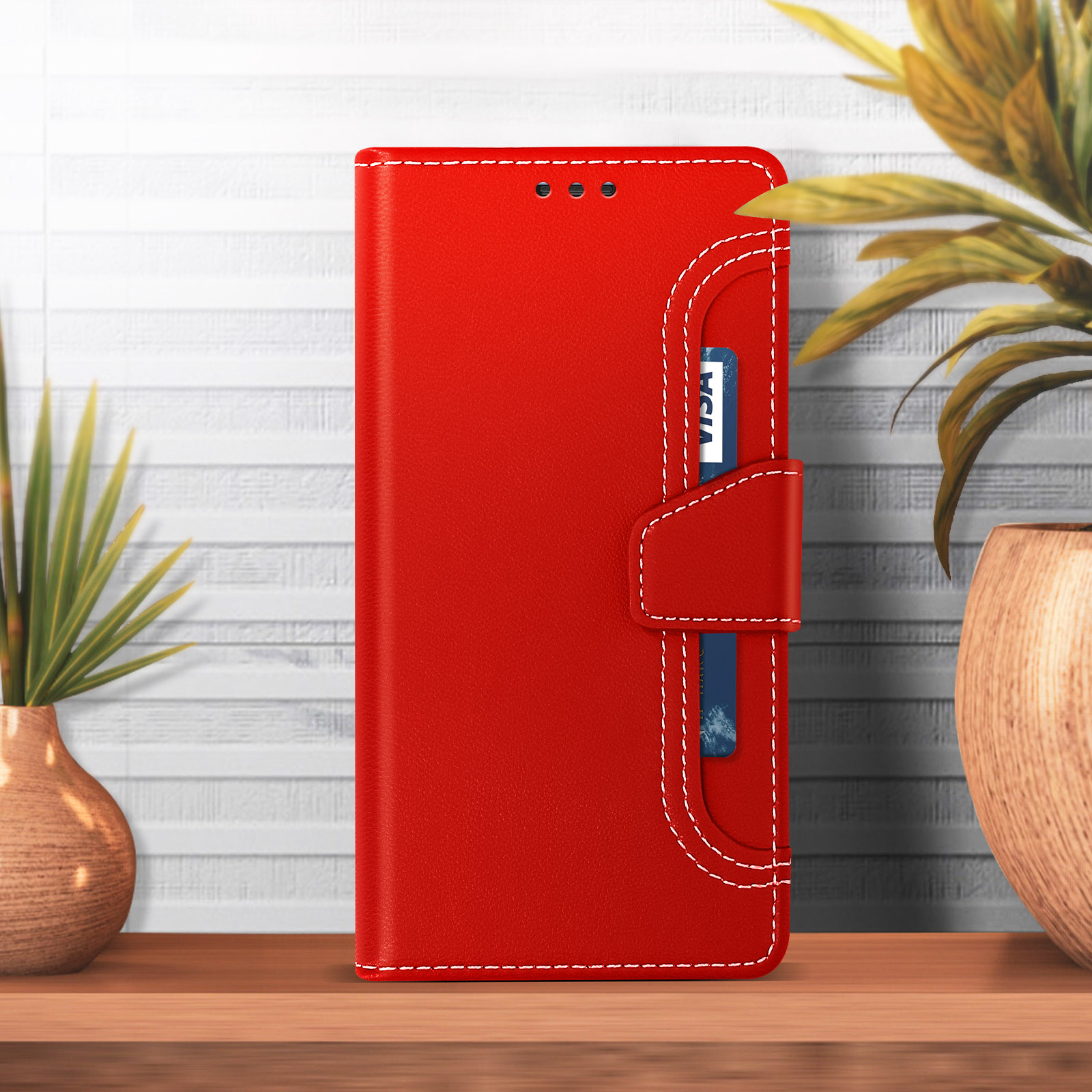 Étui portefeuille rouge pour téléphone avec coutures blanches et carte.