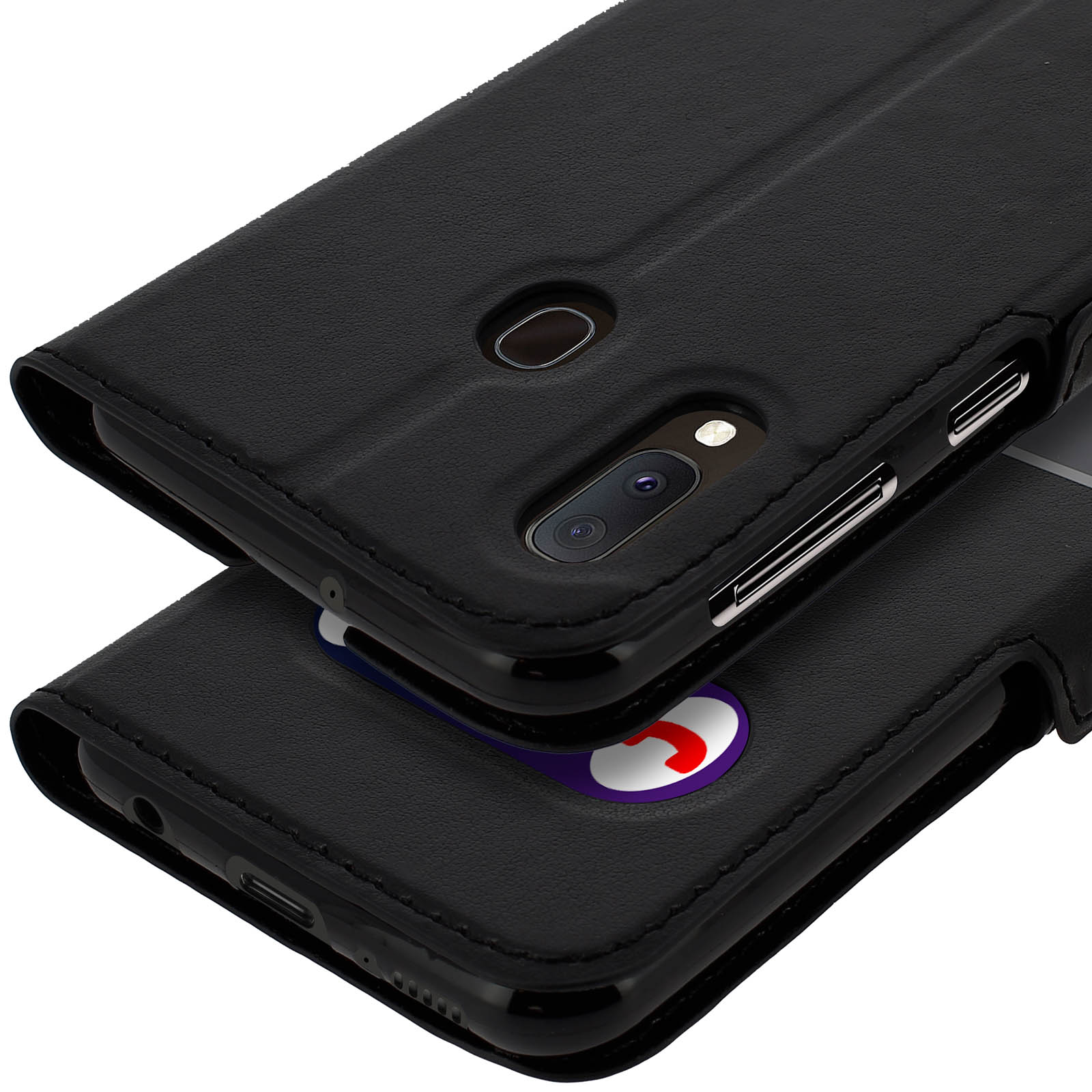 Custodia flip in pelle nera con sensore impronte e doppia fotocamera.