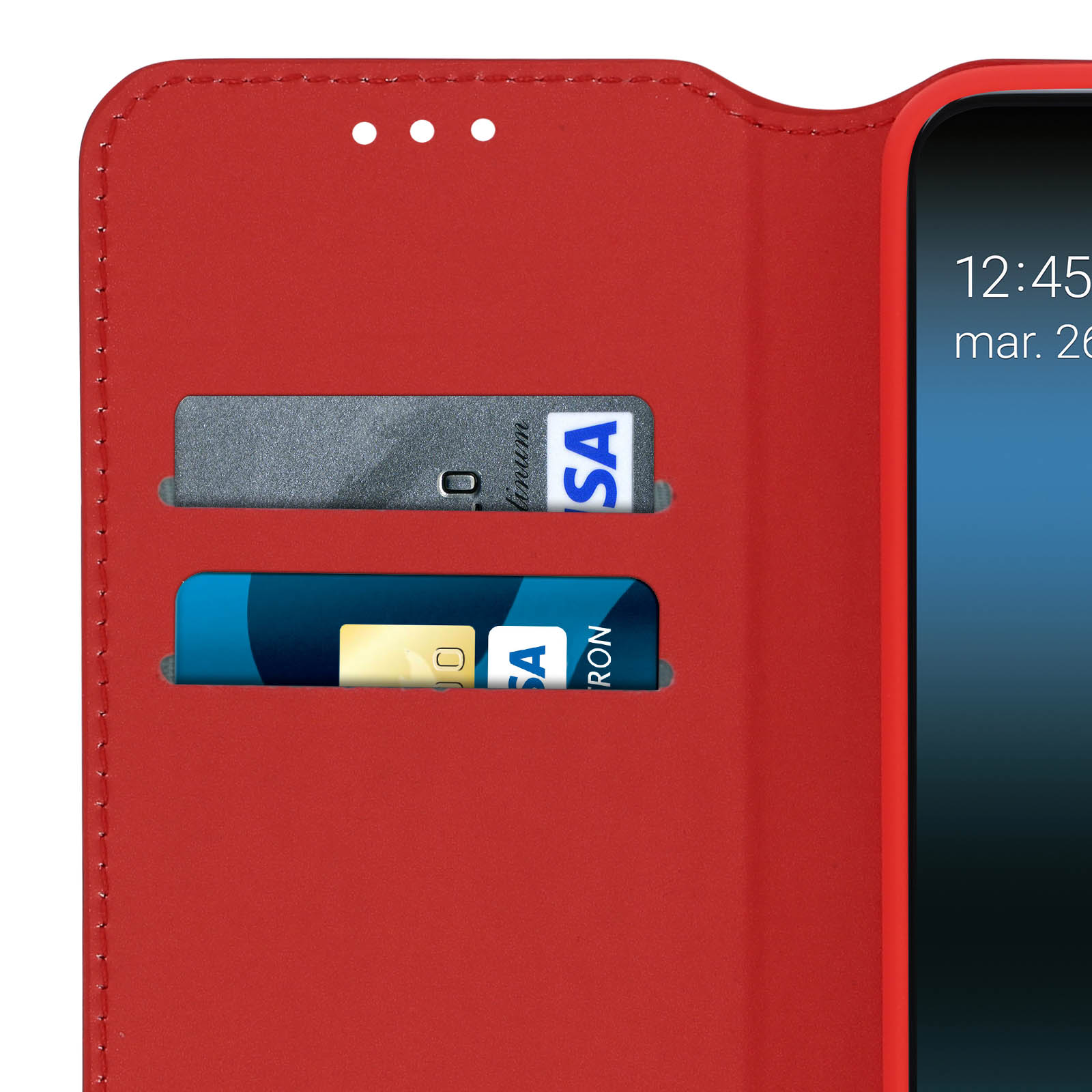Rode telefoonhoes met kaarthouders, toont twee creditcards en een deel van het scherm.