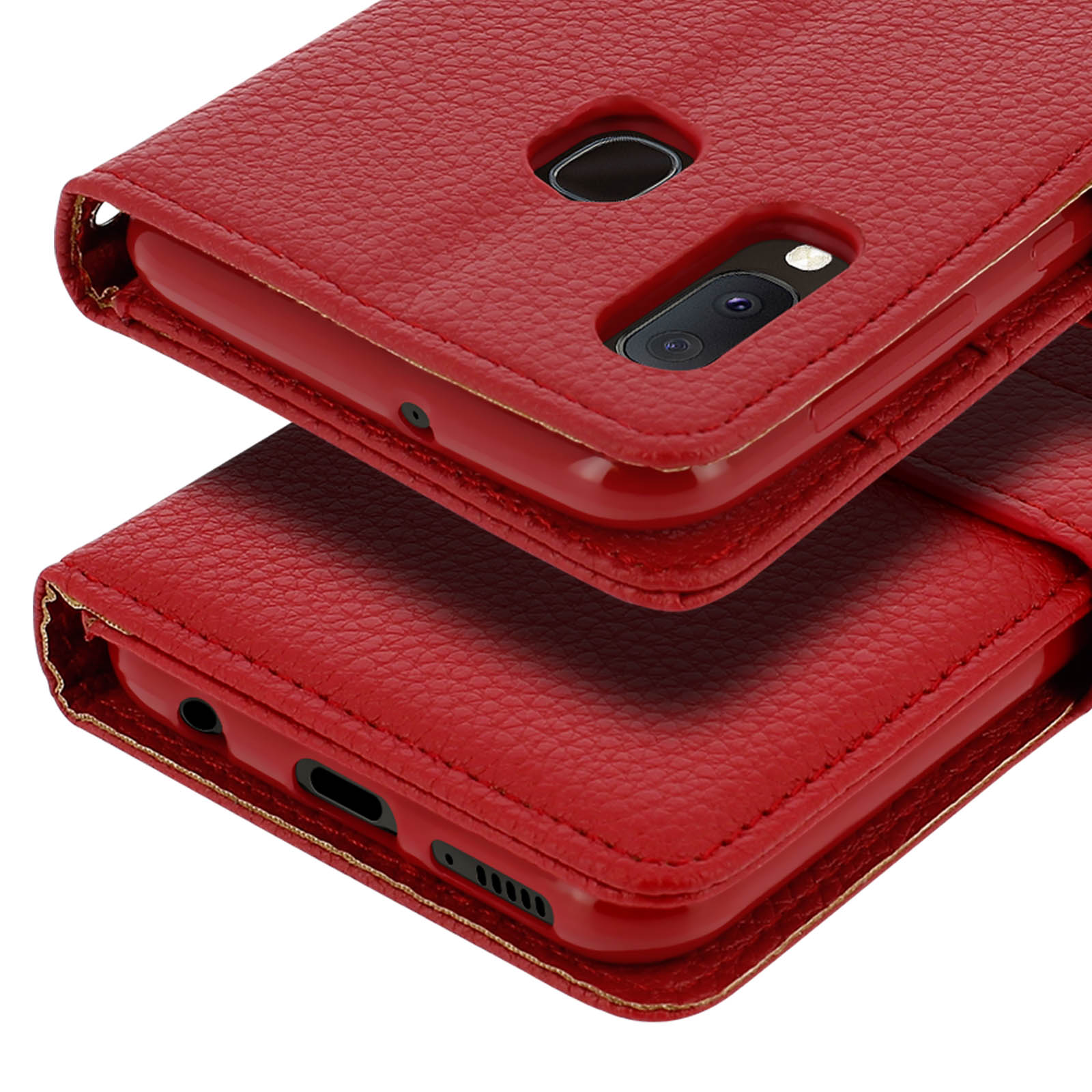 Rode leren flip case voor smartphone, met zichtbare camera en poorten.