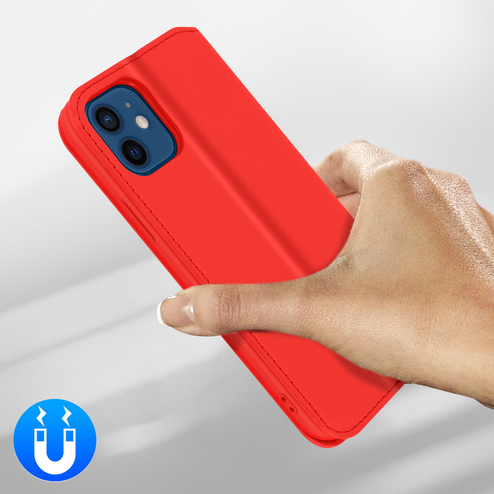 Een hand houdt een rode telefoonhoes vast met een blauw magneeticoon.