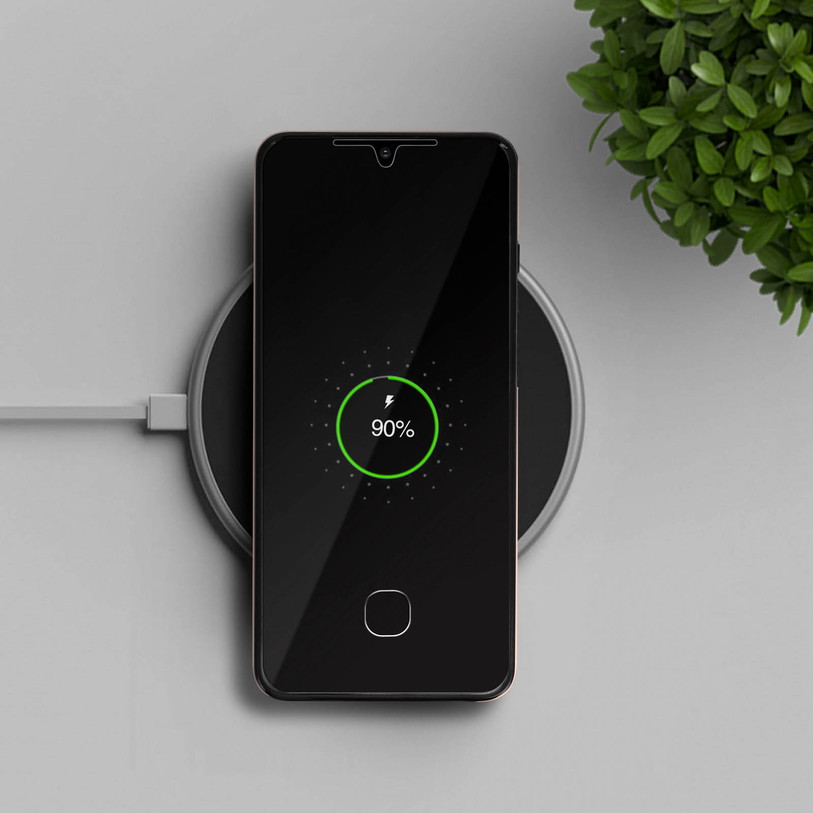 Een smartphone wordt draadloos opgeladen, 90% batterij, naast een groene plant.