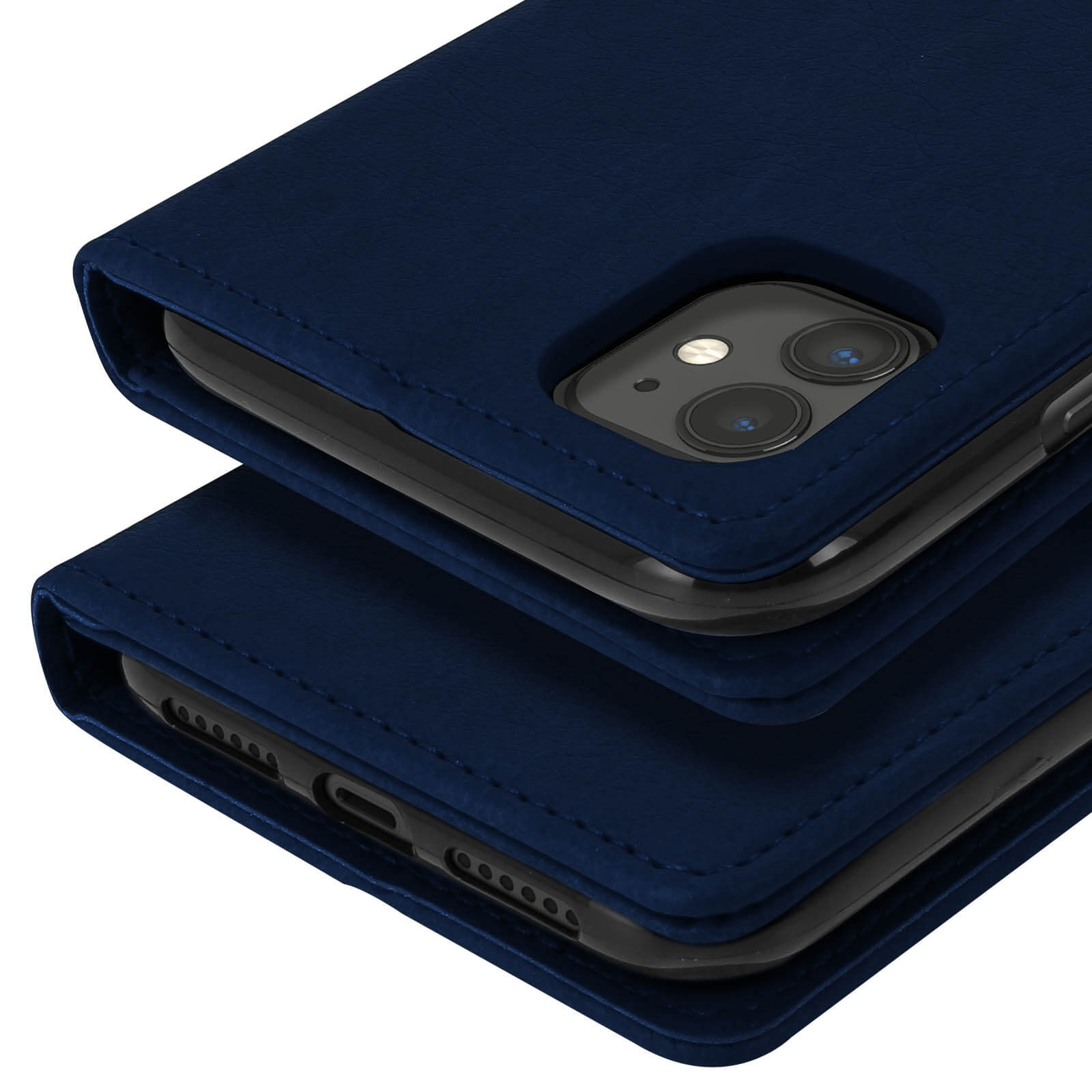 Custodia blu scuro per telefono con ritaglio fotocamera, su sfondo bianco.