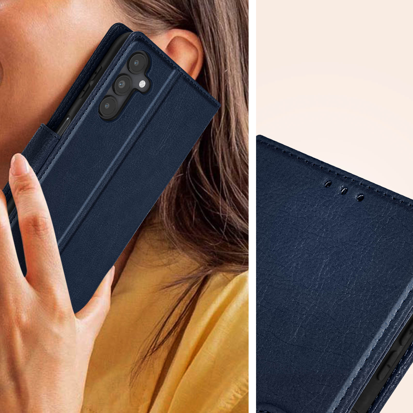 Donkerblauw telefoonhoesje tegen een menselijk oor en gele kleding.