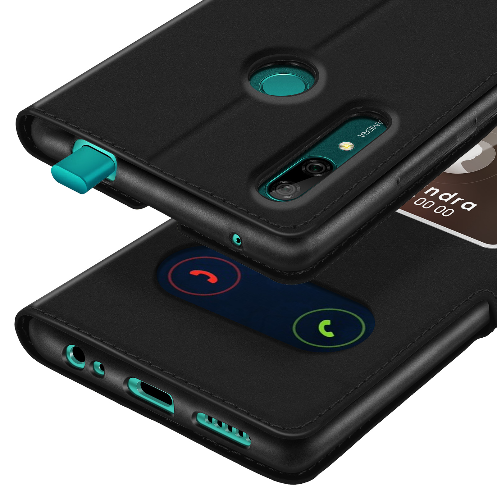 Custodia nera per telefono con fotocamera, sensore impronte e icone chiamate.