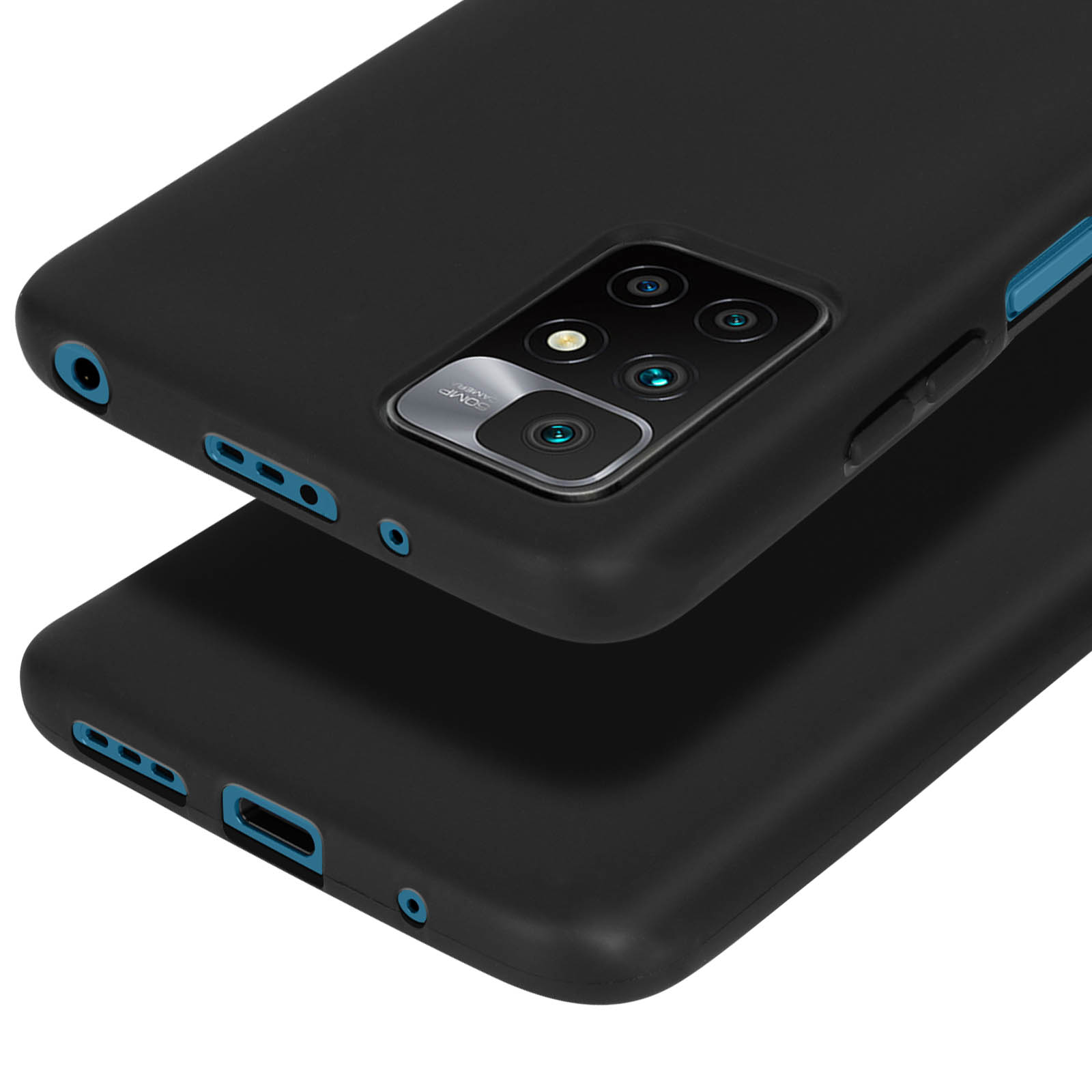 Due custodie nere per telefono con accenti blu, una sopra l'altra.
